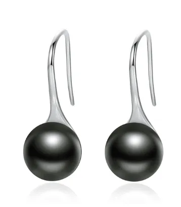 18K White Gold Plated Black Fresh Water Pearl Dangle Earrings