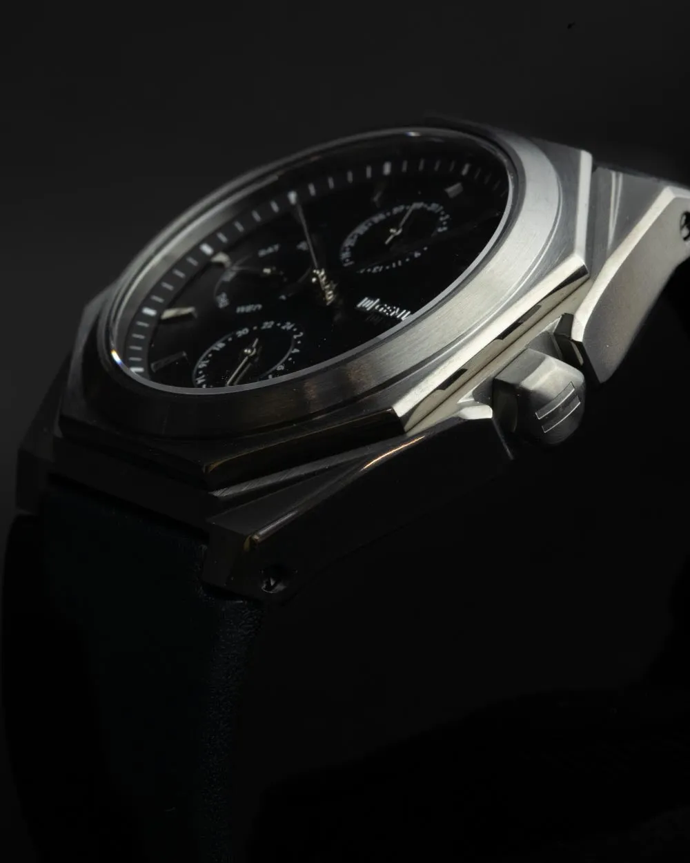 42mm black steel watch with Italian leather strap