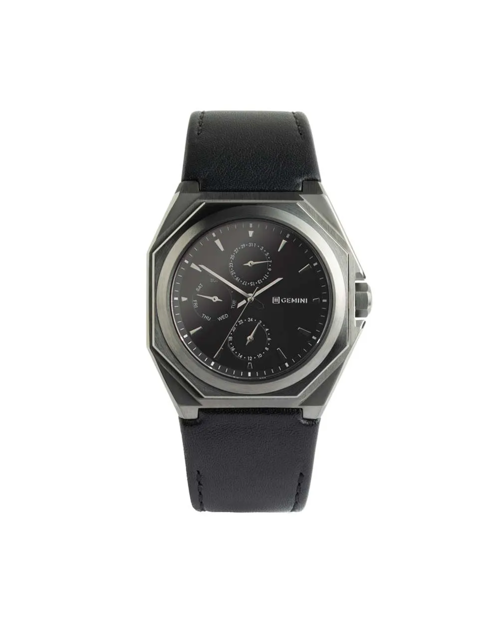 42mm black steel watch with Italian leather strap