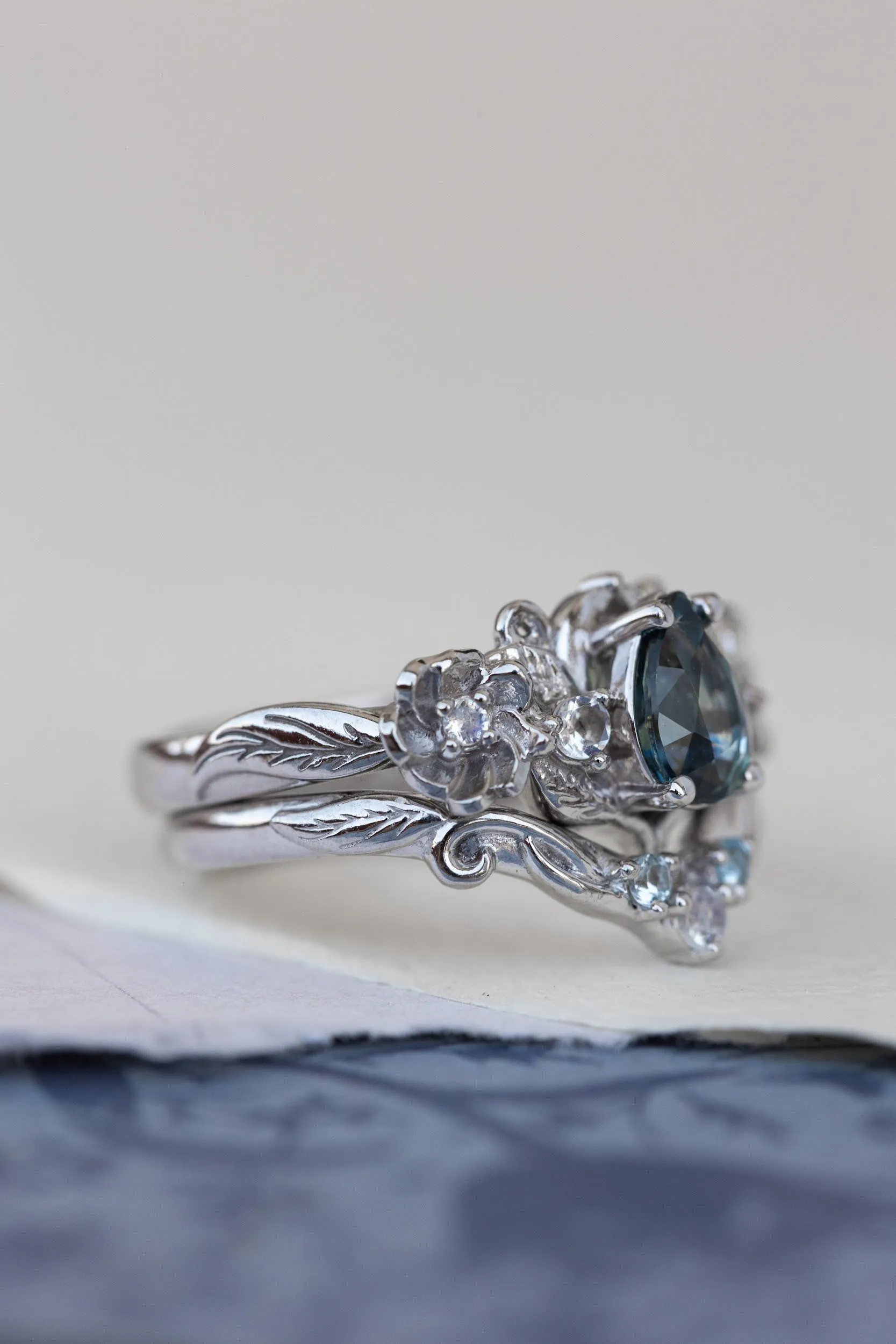Bi-color sapphire engagement ring set, unique flower style bridal ring set / Adelina