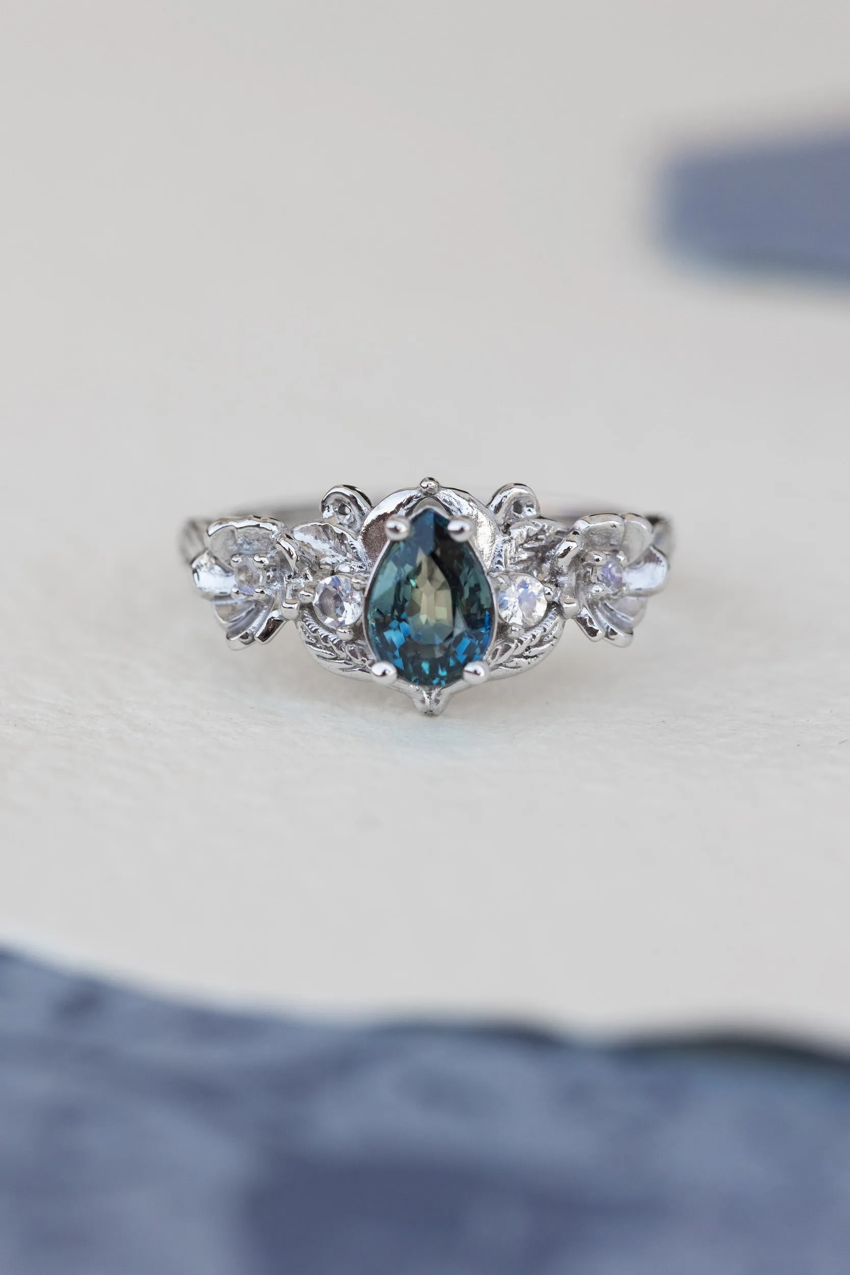 Bi-color sapphire engagement ring set, unique flower style bridal ring set / Adelina