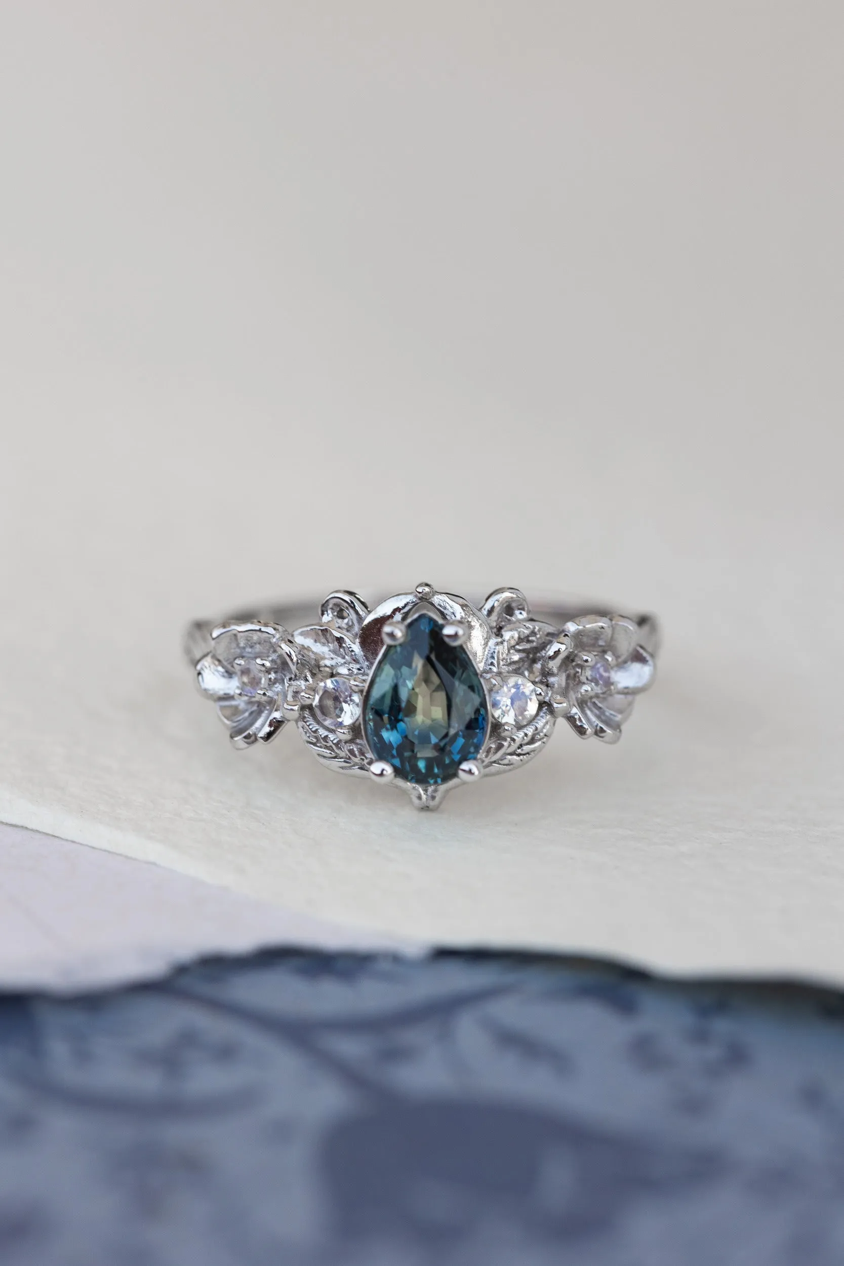 Bi-color sapphire engagement ring set, unique flower style bridal ring set / Adelina