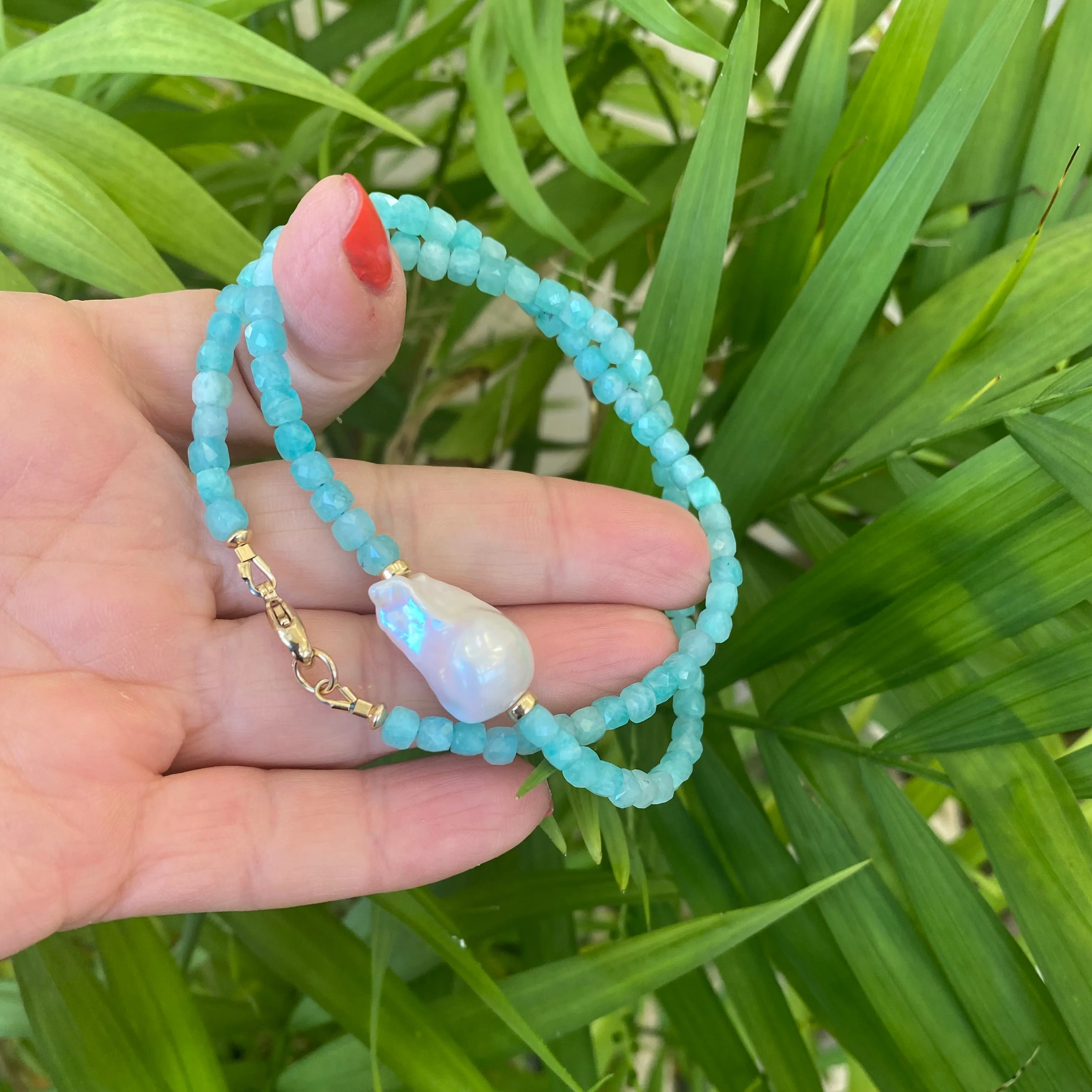Blue Amazonite Beaded Necklace w Fresh Water White Baroque Pearl and Gold Filled Details, 17inches