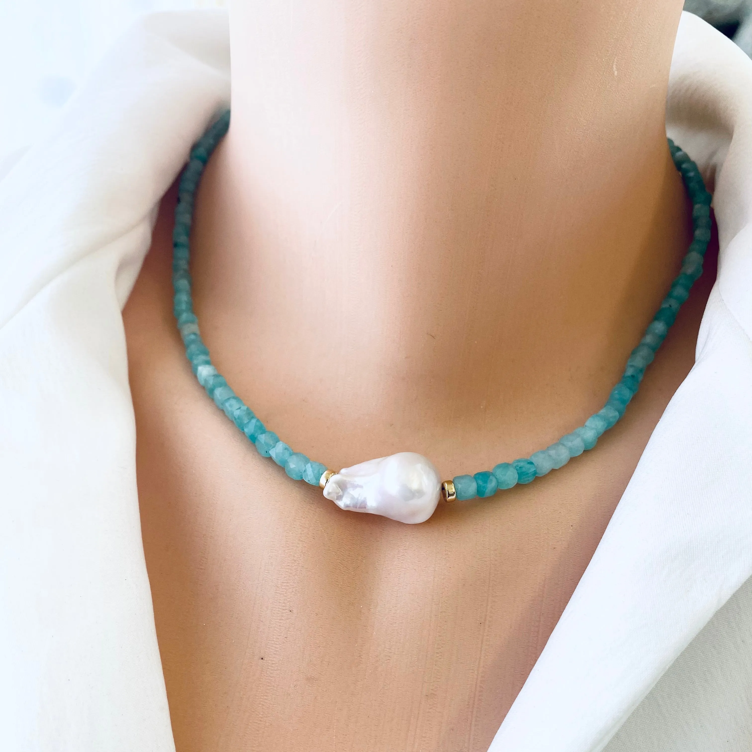 Blue Amazonite Beaded Necklace w Fresh Water White Baroque Pearl and Gold Filled Details, 17inches