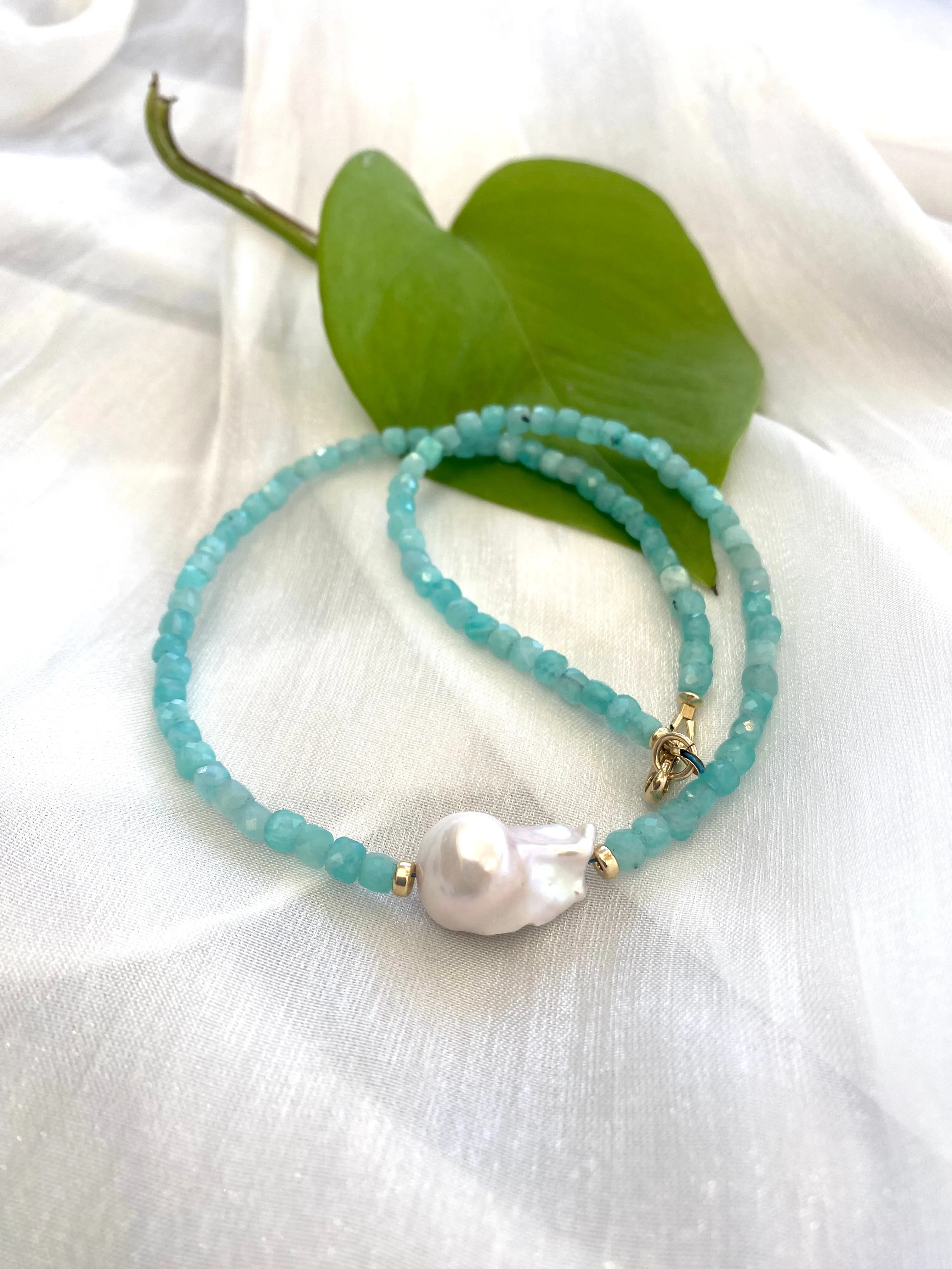 Blue Amazonite Beaded Necklace w Fresh Water White Baroque Pearl and Gold Filled Details, 17inches