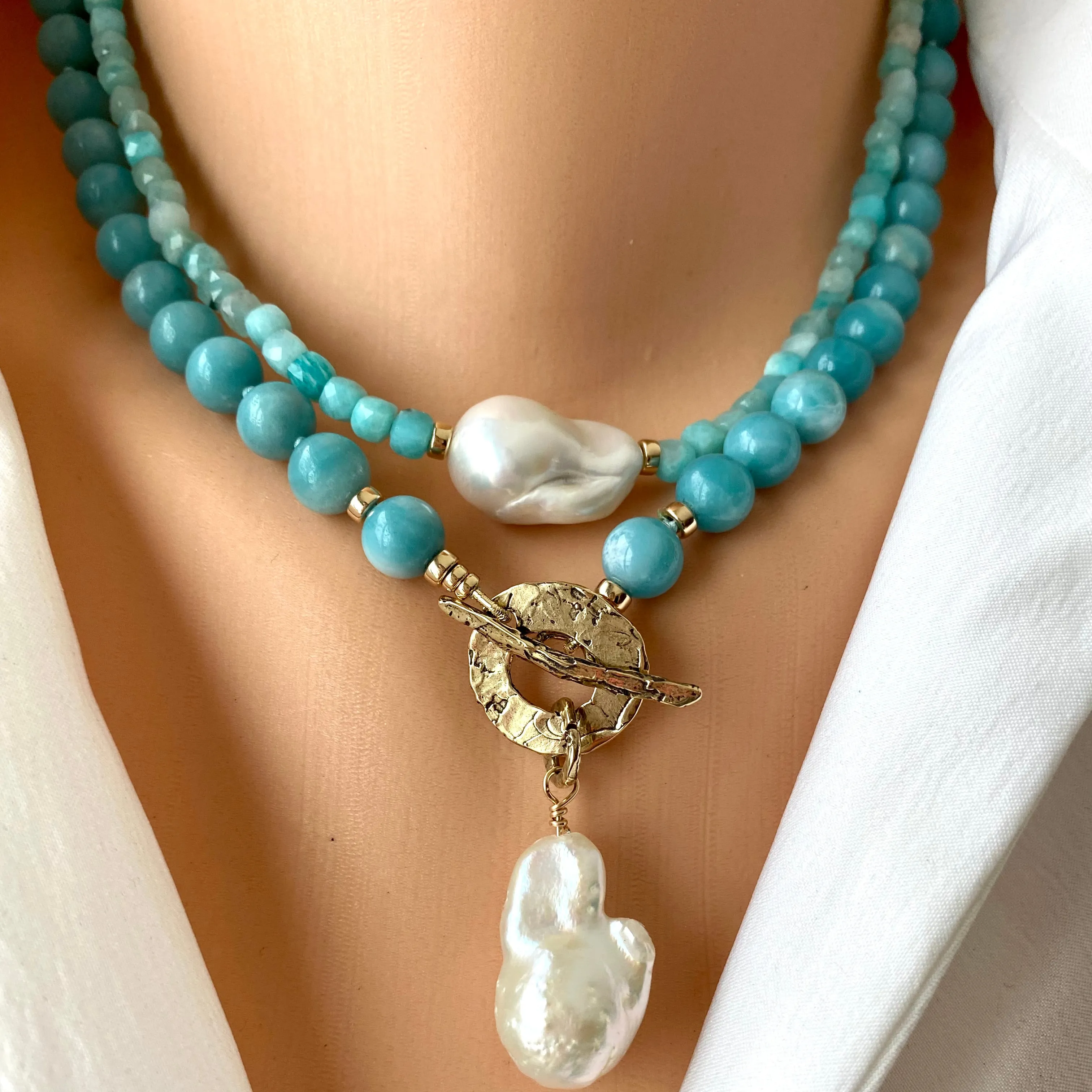 Blue Amazonite Beaded Necklace w Fresh Water White Baroque Pearl and Gold Filled Details, 17inches