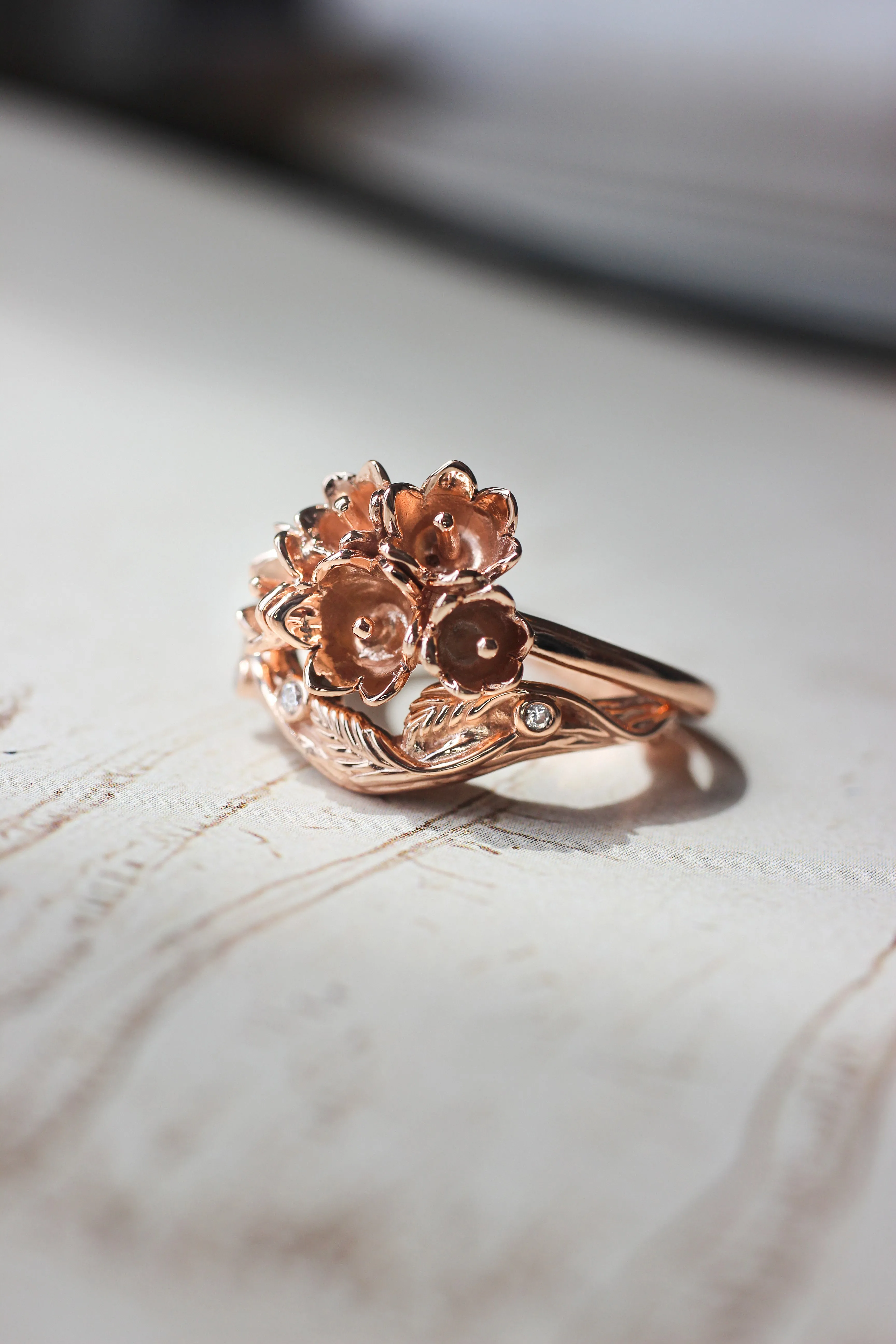 Branch ring with diamonds or moissanites, matching band for Lily of the valley