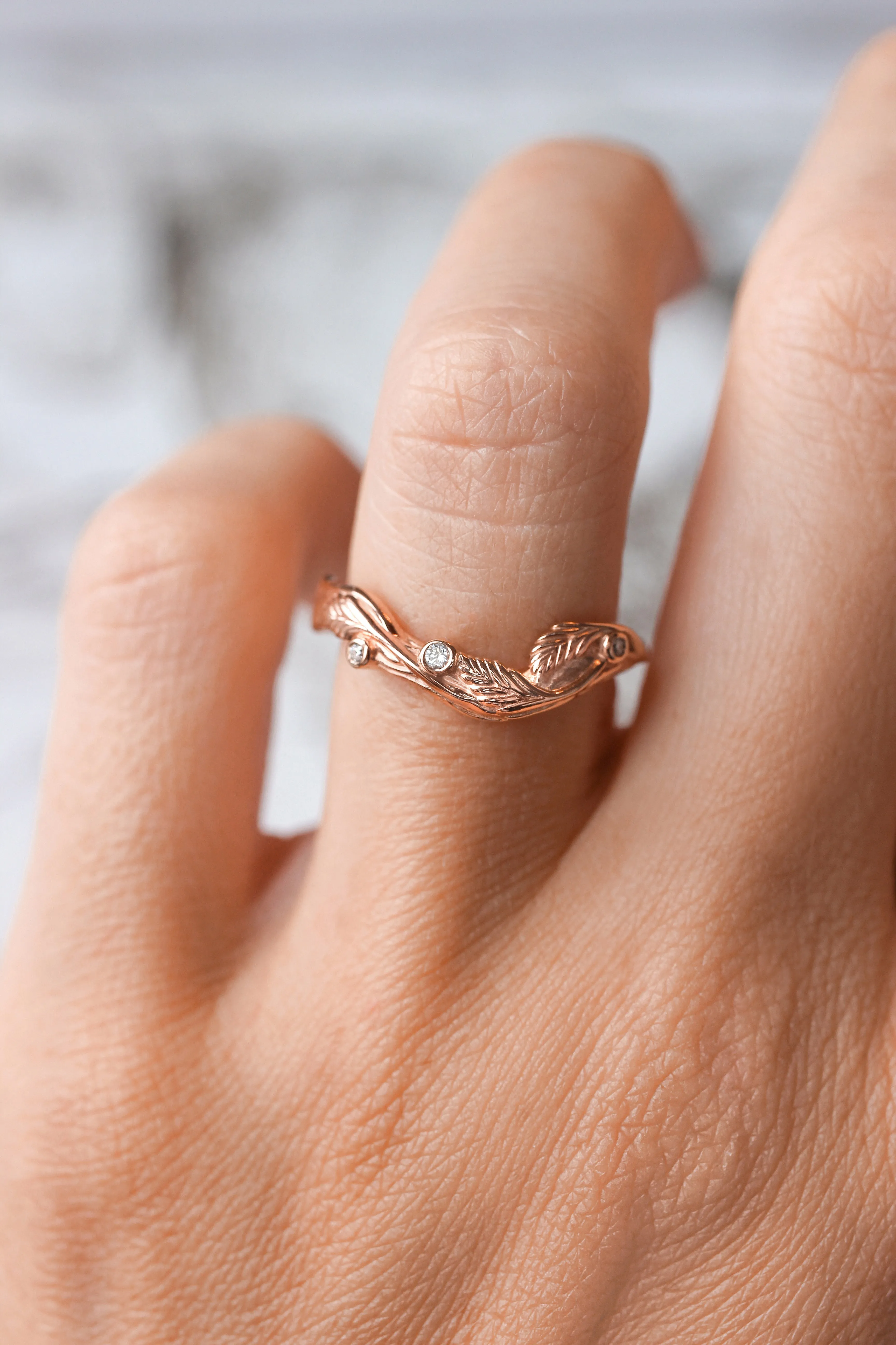 Branch ring with diamonds or moissanites, matching band for Lily of the valley