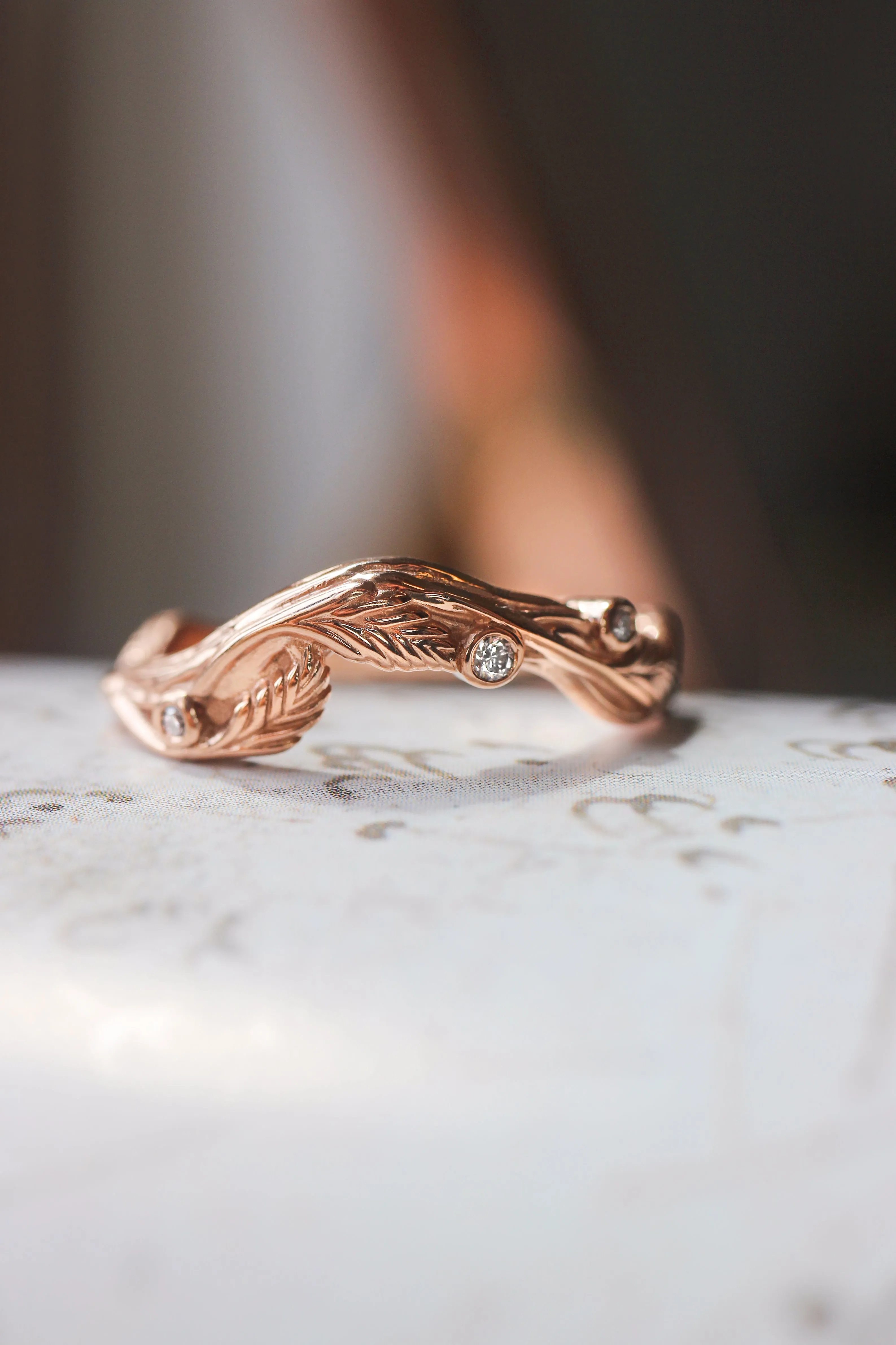 Branch ring with diamonds or moissanites, matching band for Lily of the valley