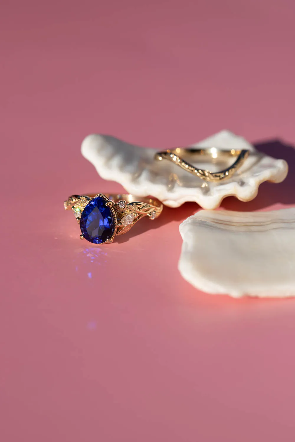 Dark blue lab sapphire engagement ring set, big pear gemstone bridal ring set / Patricia