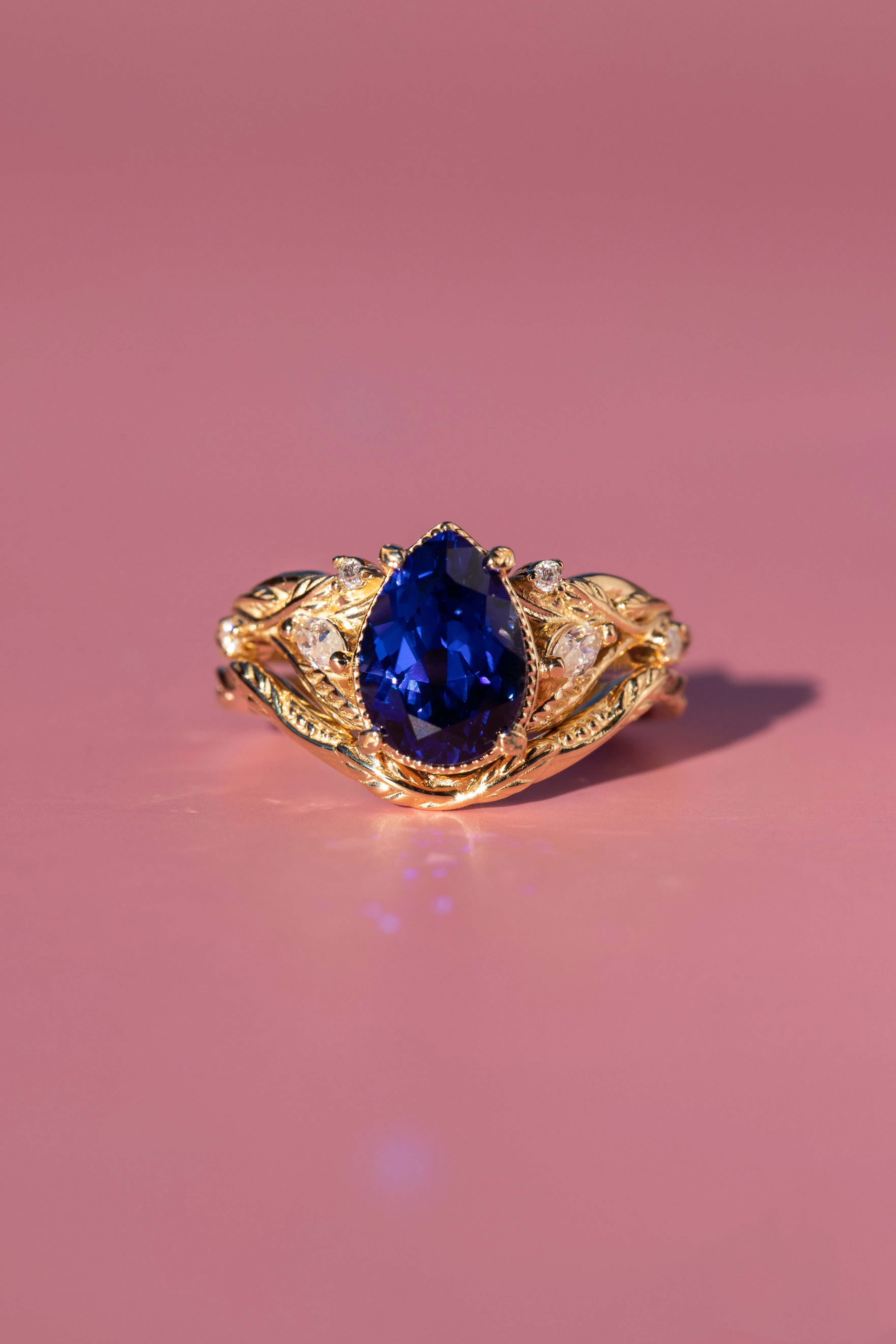 Dark blue lab sapphire engagement ring set, big pear gemstone bridal ring set / Patricia