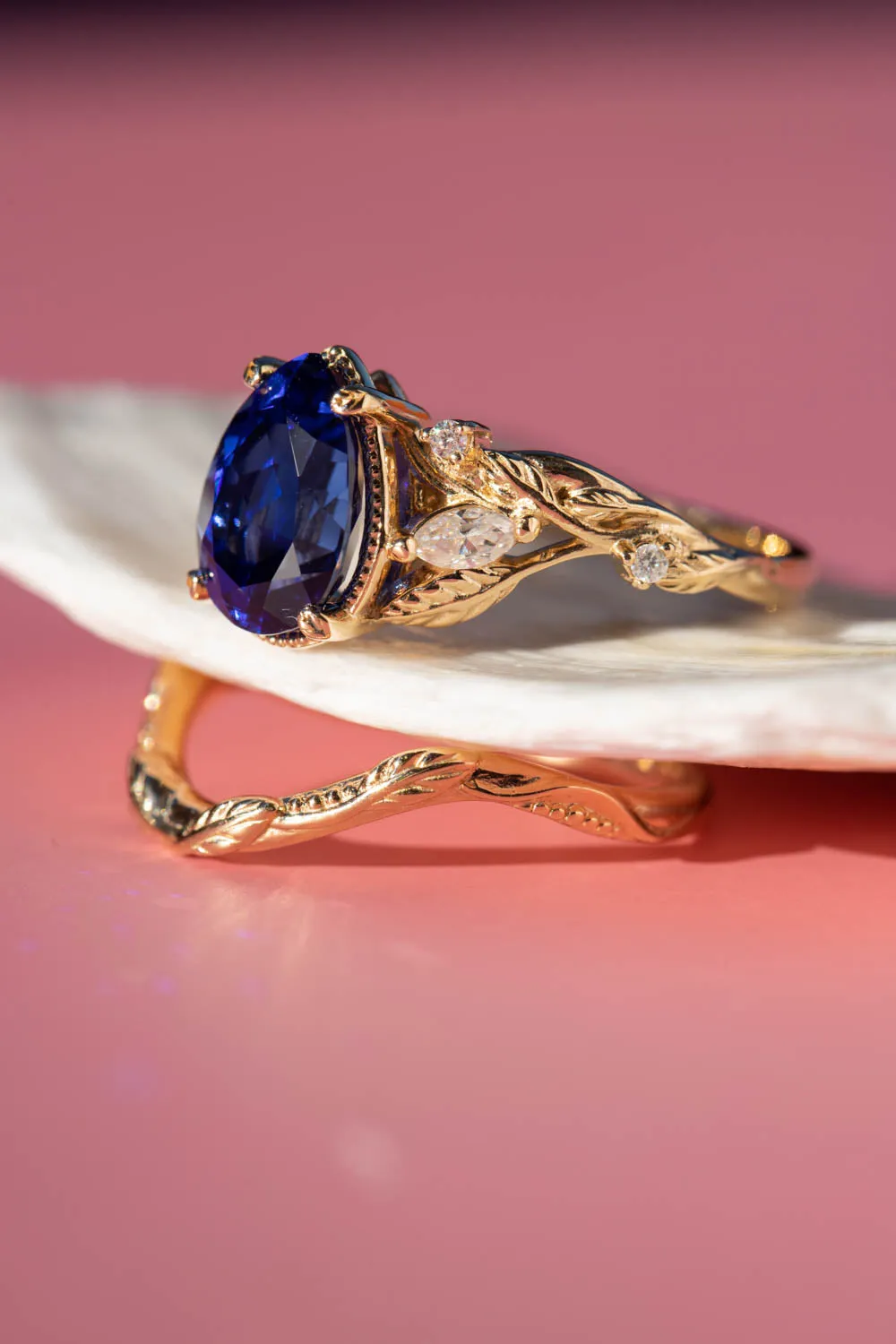 Dark blue lab sapphire engagement ring set, big pear gemstone bridal ring set / Patricia