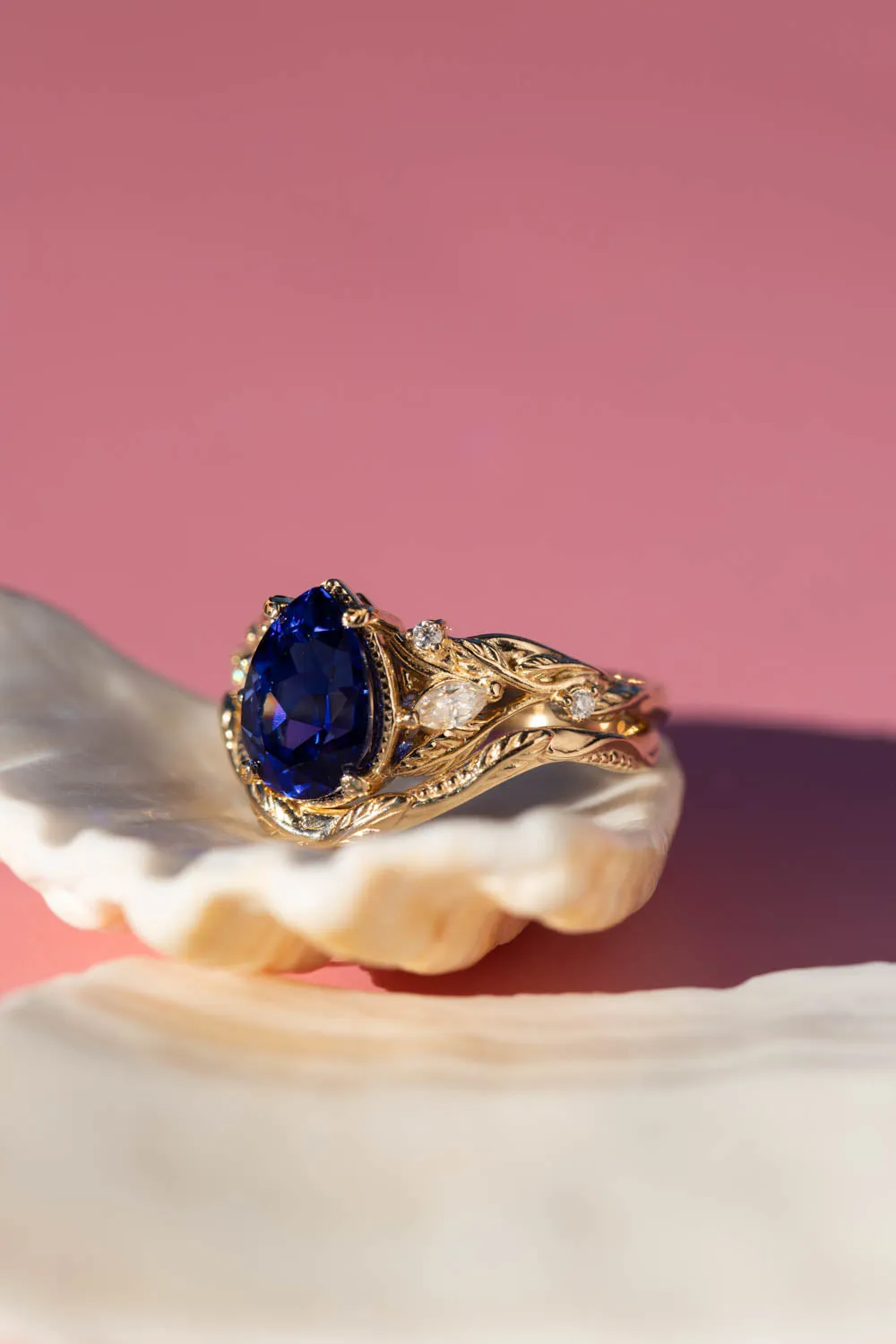 Dark blue lab sapphire engagement ring set, big pear gemstone bridal ring set / Patricia