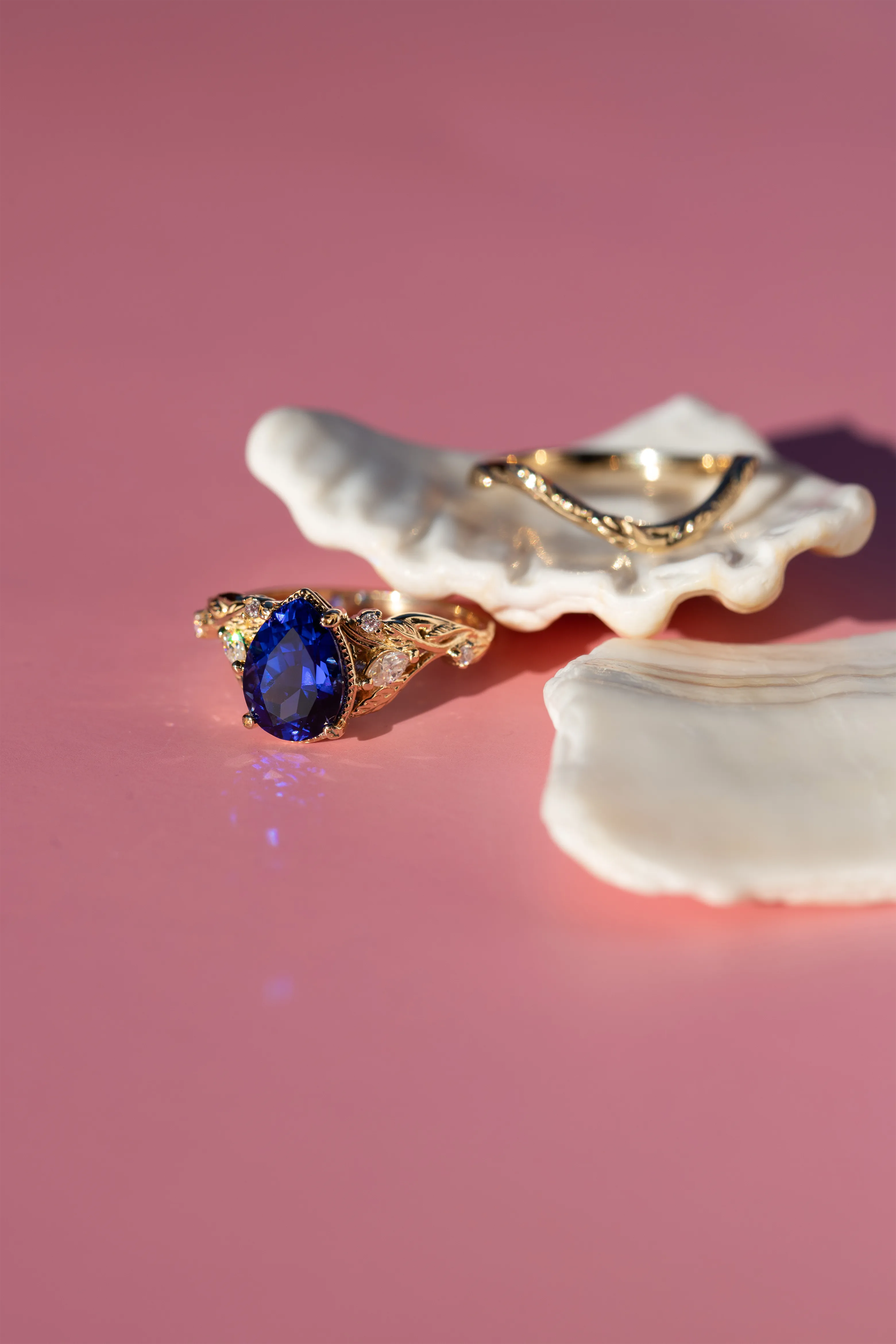 Dark blue lab sapphire engagement ring set, big pear gemstone bridal ring set / Patricia