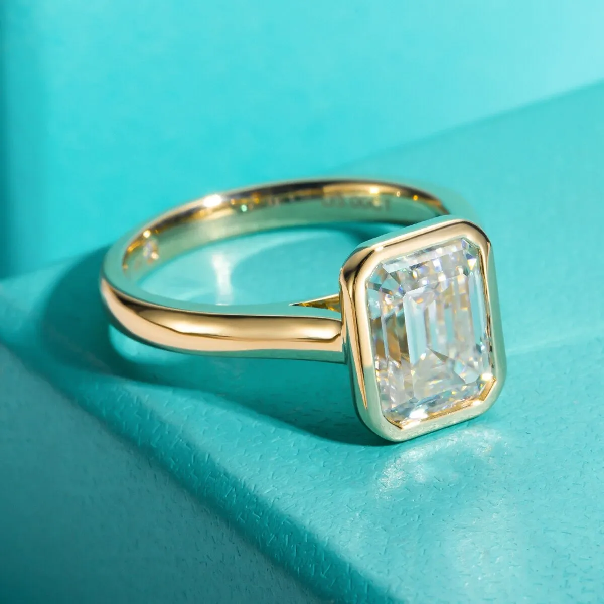 Emerald Cut Bezel Moissanite Engagement Ring 925 Silver