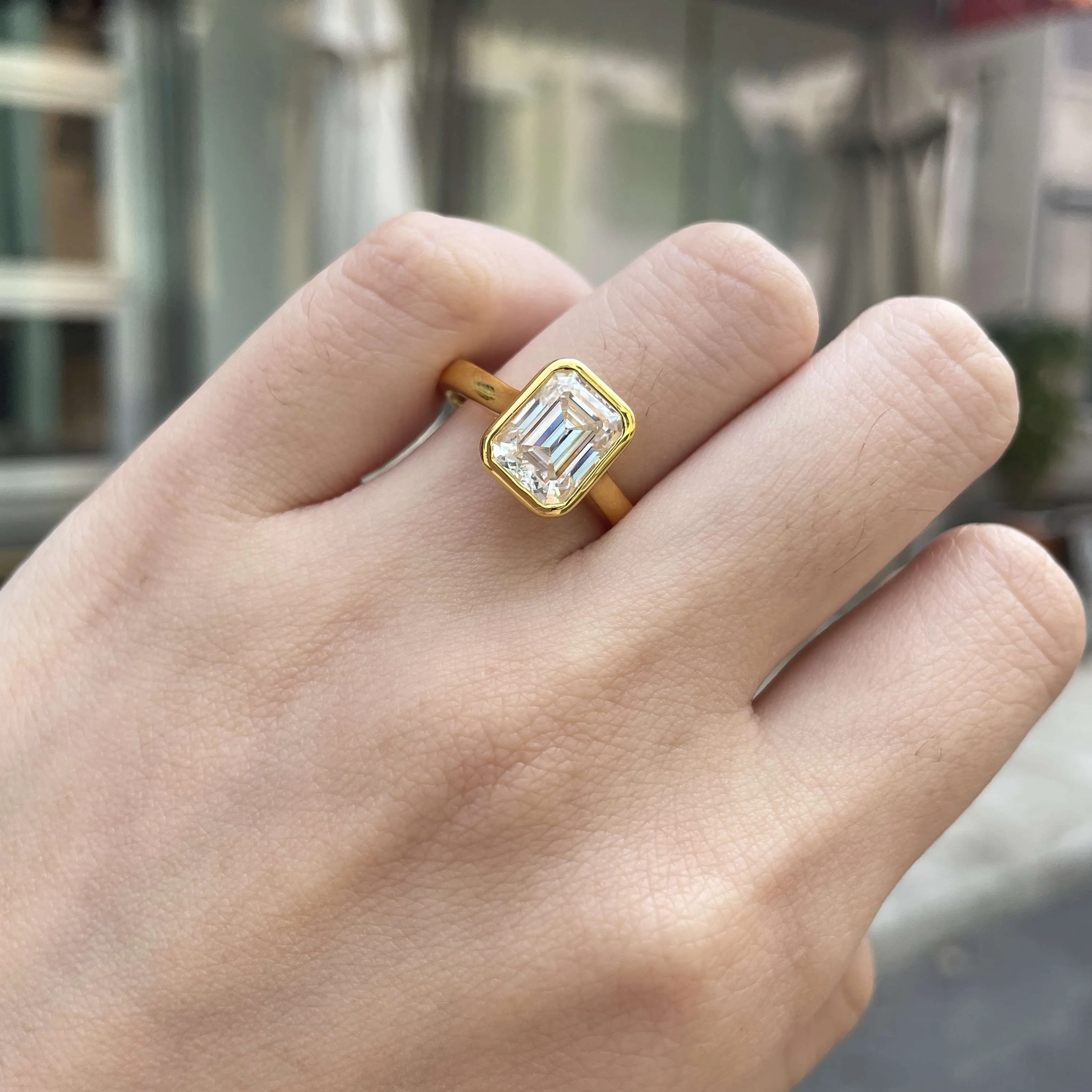Emerald Cut Bezel Moissanite Engagement Ring 925 Silver
