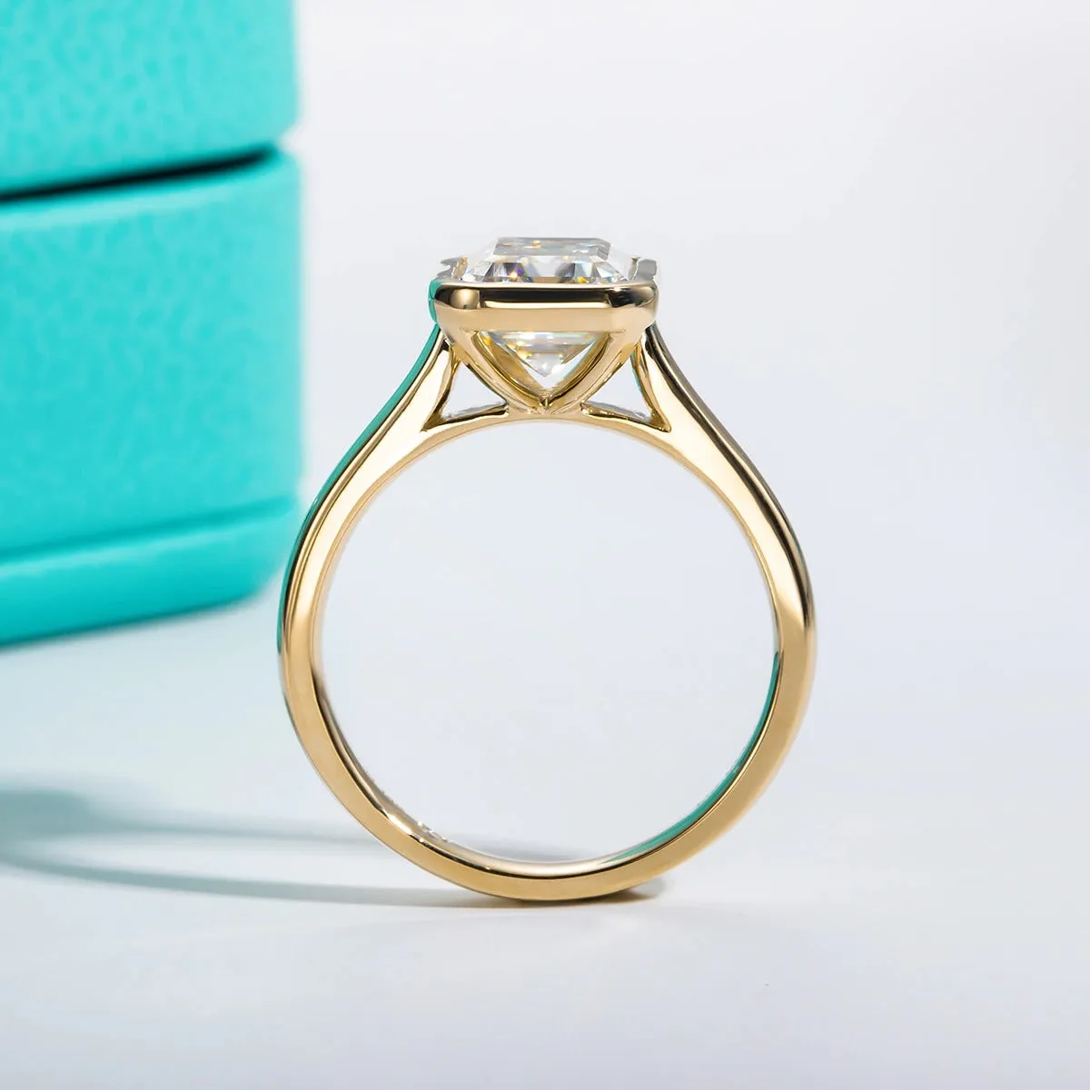 Emerald Cut Bezel Moissanite Engagement Ring 925 Silver