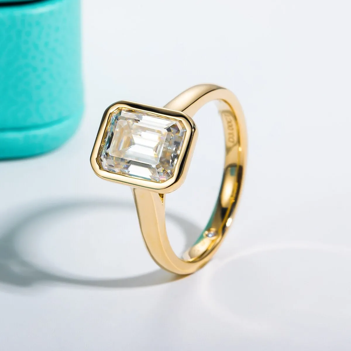 Emerald Cut Bezel Moissanite Engagement Ring 925 Silver