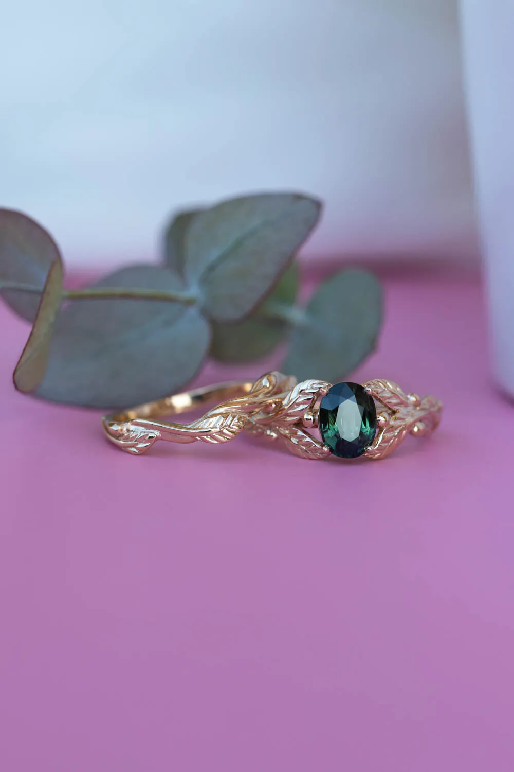 Genuine dark teal sapphire engagement ring, oval cut gemstone gold leaf proposal ring / Cornus