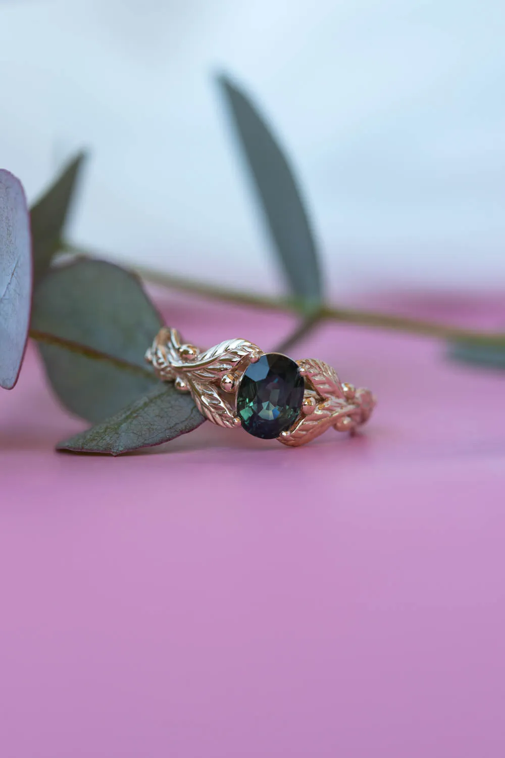 Genuine dark teal sapphire engagement ring, oval cut gemstone gold leaf proposal ring / Cornus