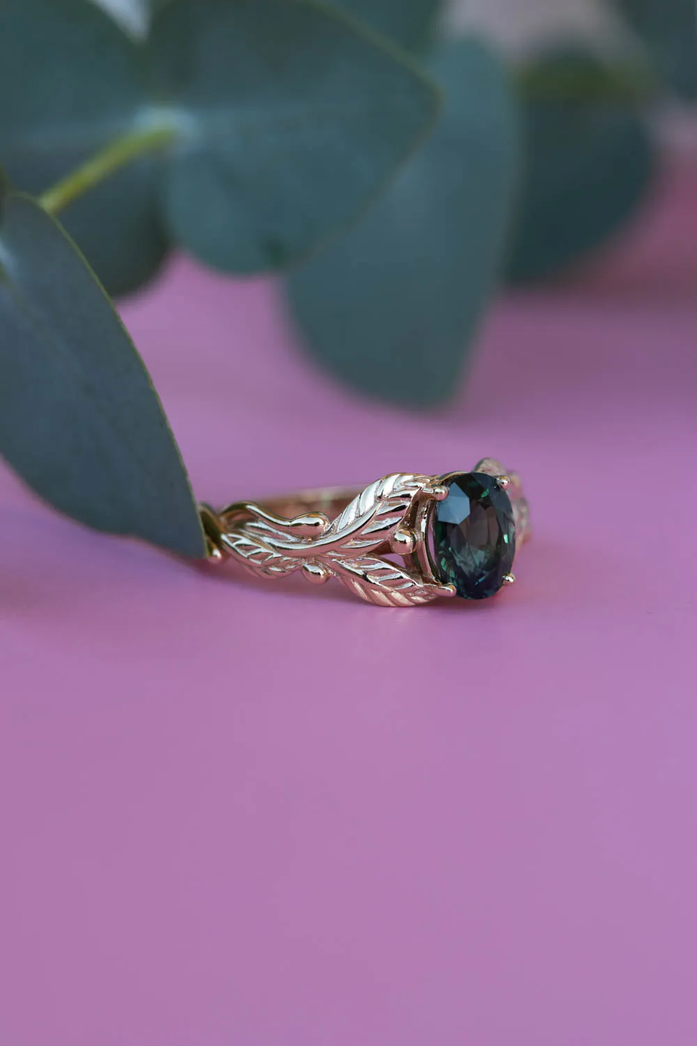 Genuine dark teal sapphire engagement ring, oval cut gemstone gold leaf proposal ring / Cornus