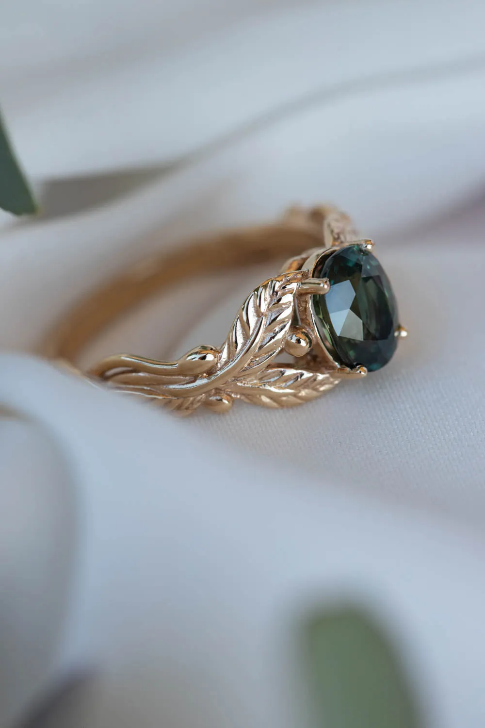 Genuine dark teal sapphire engagement ring, oval cut gemstone gold leaf proposal ring / Cornus