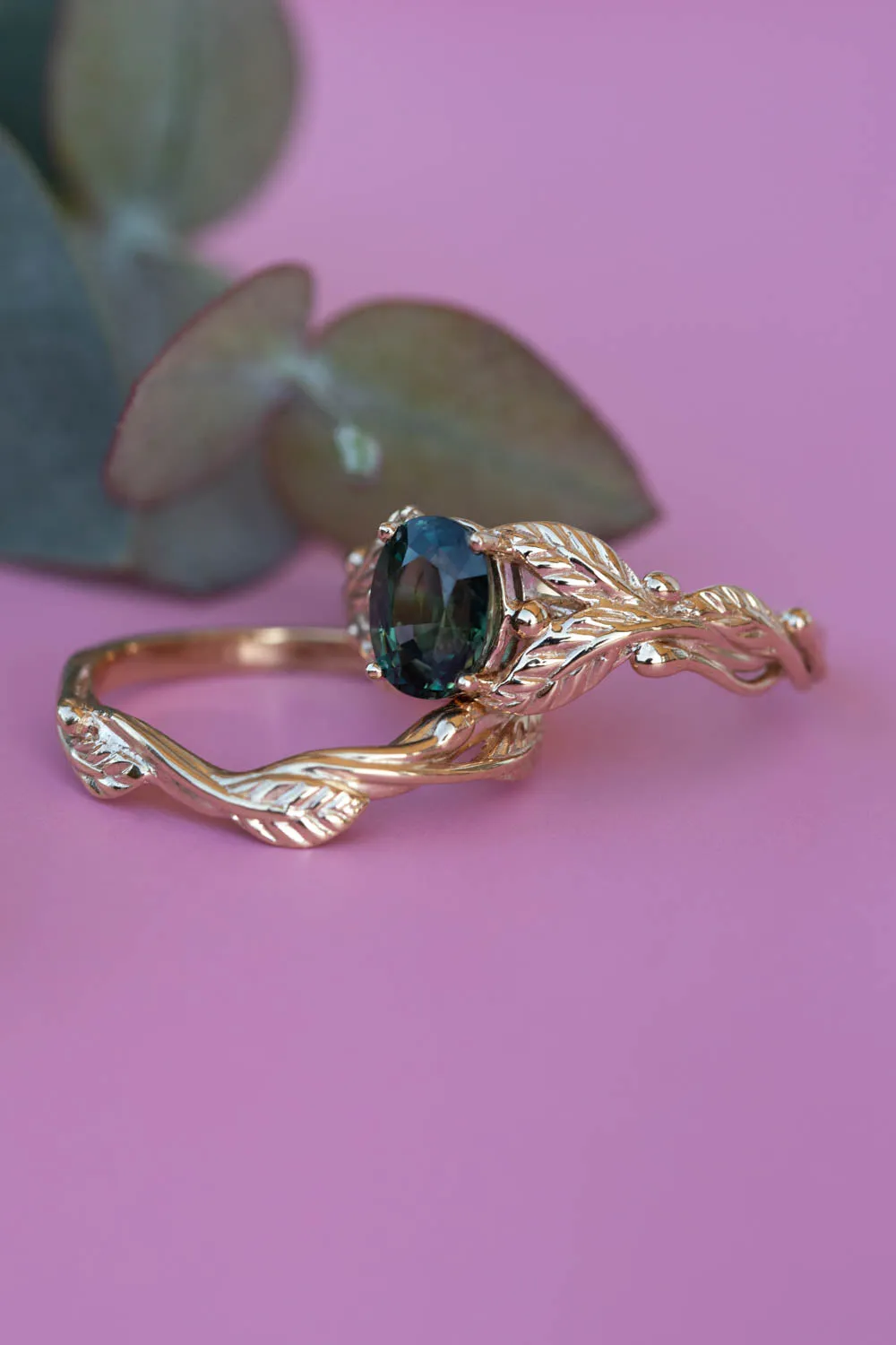 Genuine dark teal sapphire engagement ring, oval cut gemstone gold leaf proposal ring / Cornus