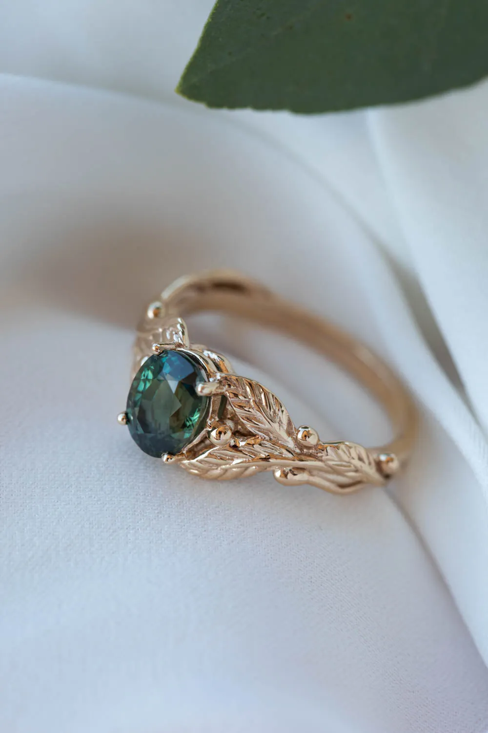 Genuine dark teal sapphire engagement ring, oval cut gemstone gold leaf proposal ring / Cornus