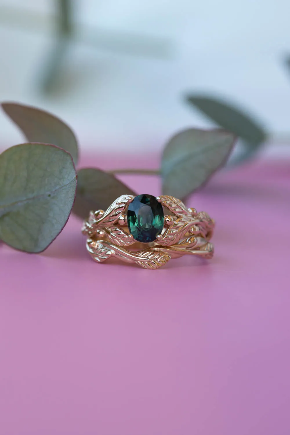 Genuine dark teal sapphire engagement ring, oval cut gemstone gold leaf proposal ring / Cornus