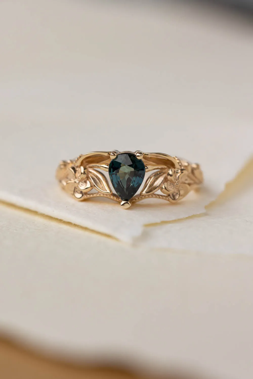 Genuine teal sapphire engagement ring, gold flower proposal ring / Eloise