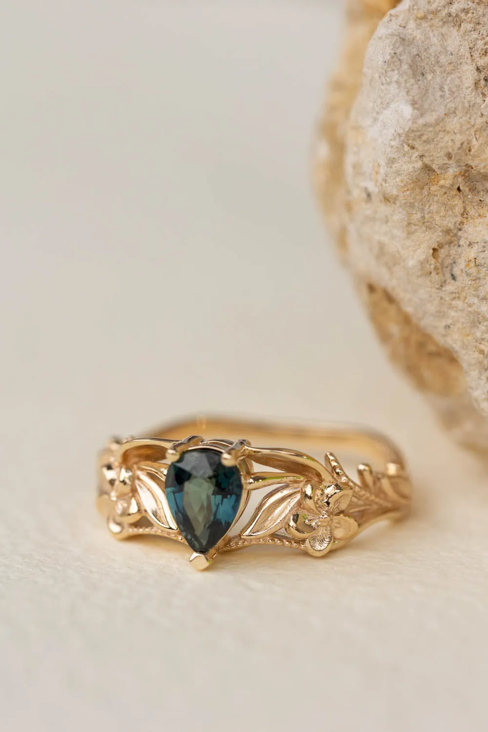 Genuine teal sapphire engagement ring, gold flower proposal ring / Eloise