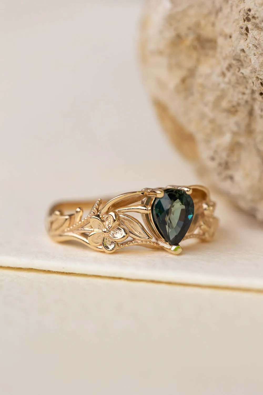 Genuine teal sapphire engagement ring, gold flower proposal ring / Eloise