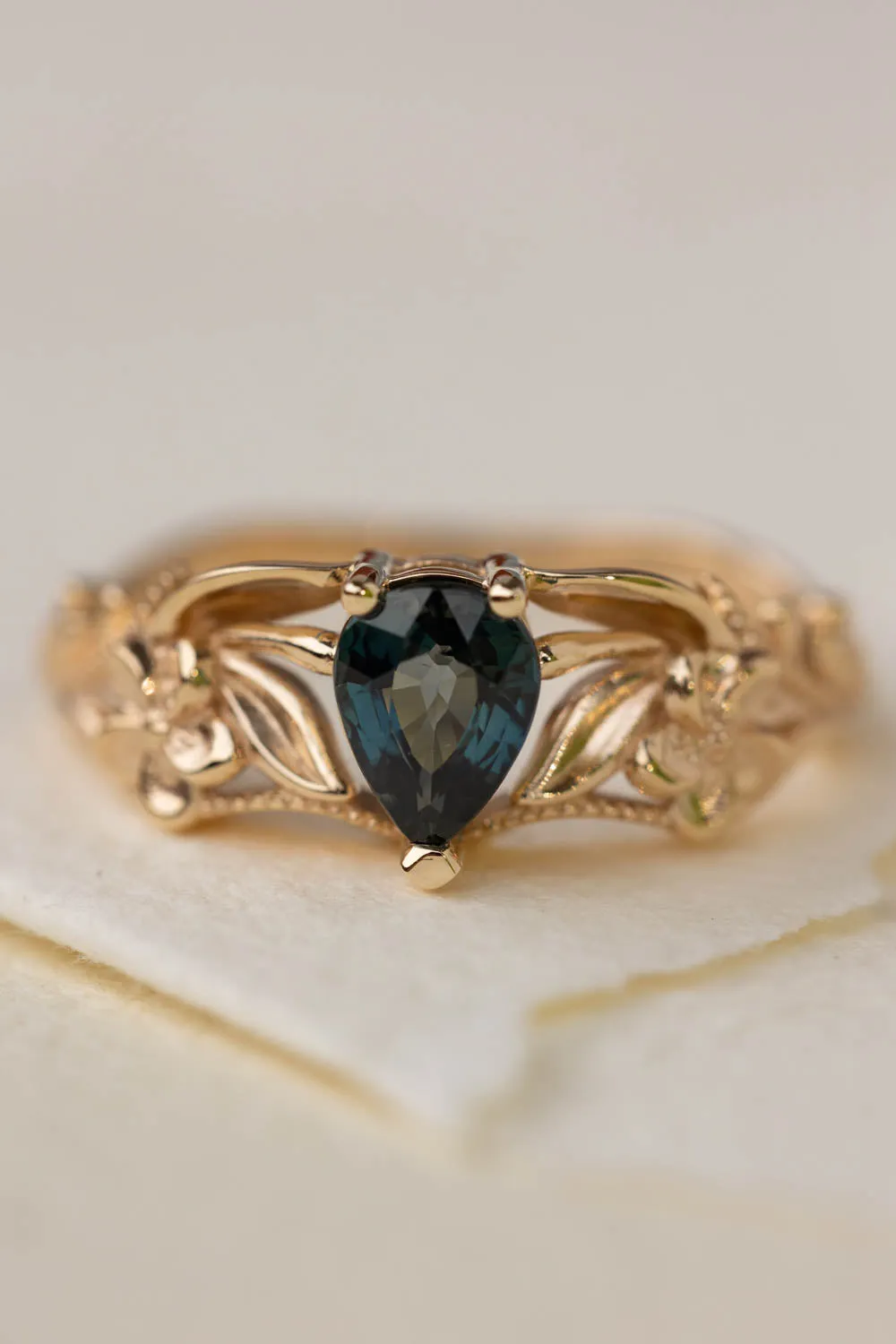 Genuine teal sapphire engagement ring, gold flower proposal ring / Eloise