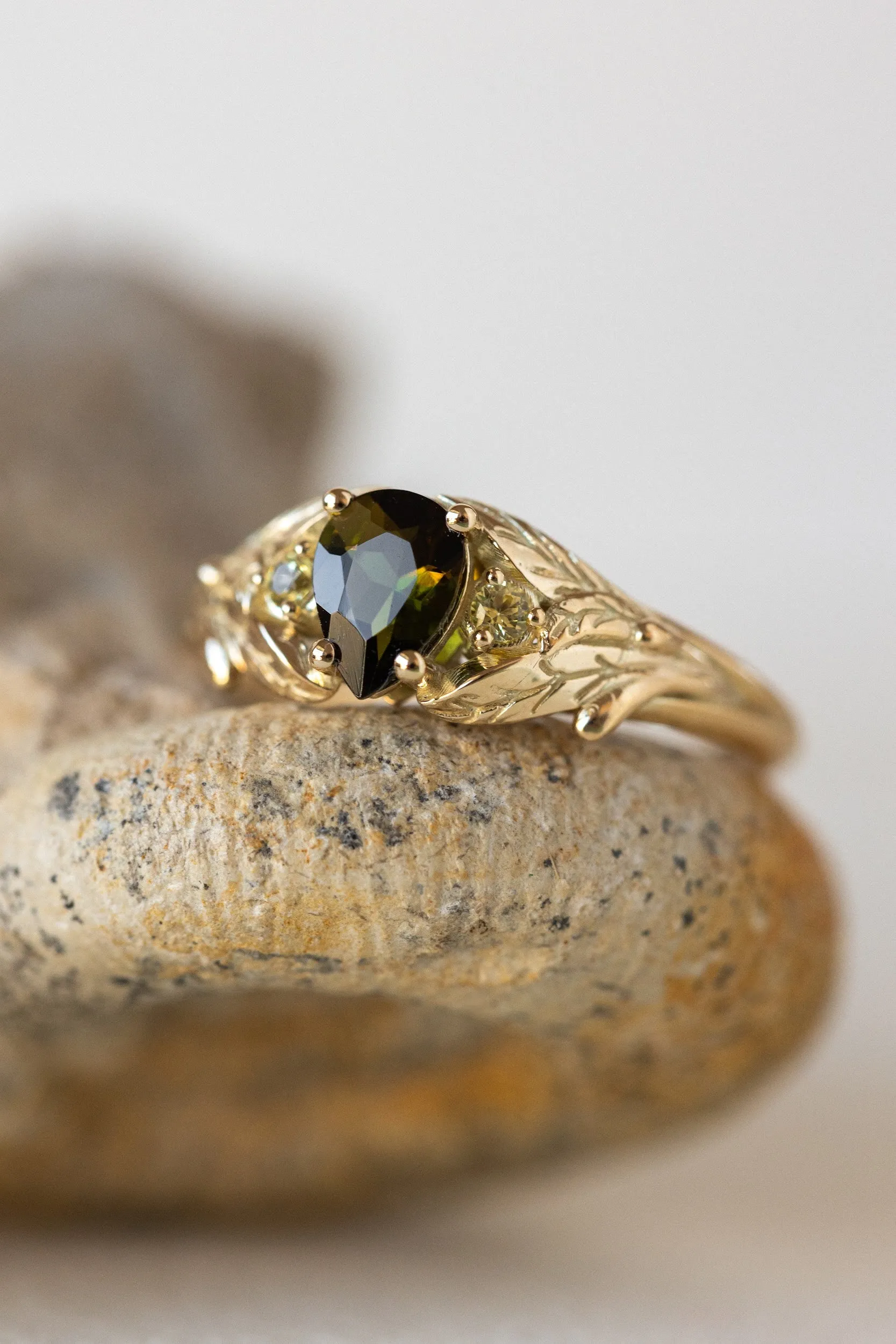 Green tourmaline engagement ring, gold leaf ring with side yellow sapphires / Wisteria