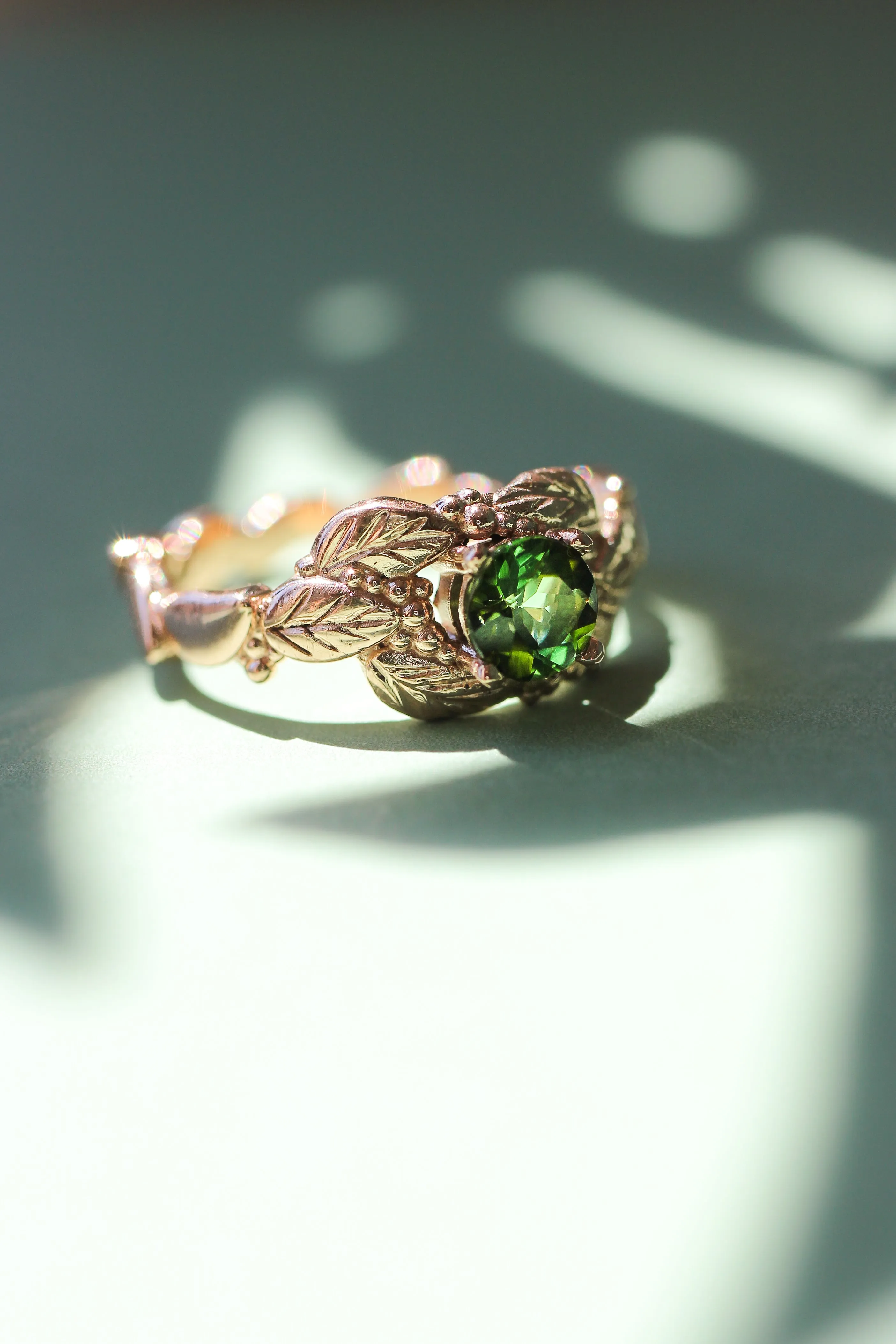 Green tourmaline engagement ring, leaves and grains ring