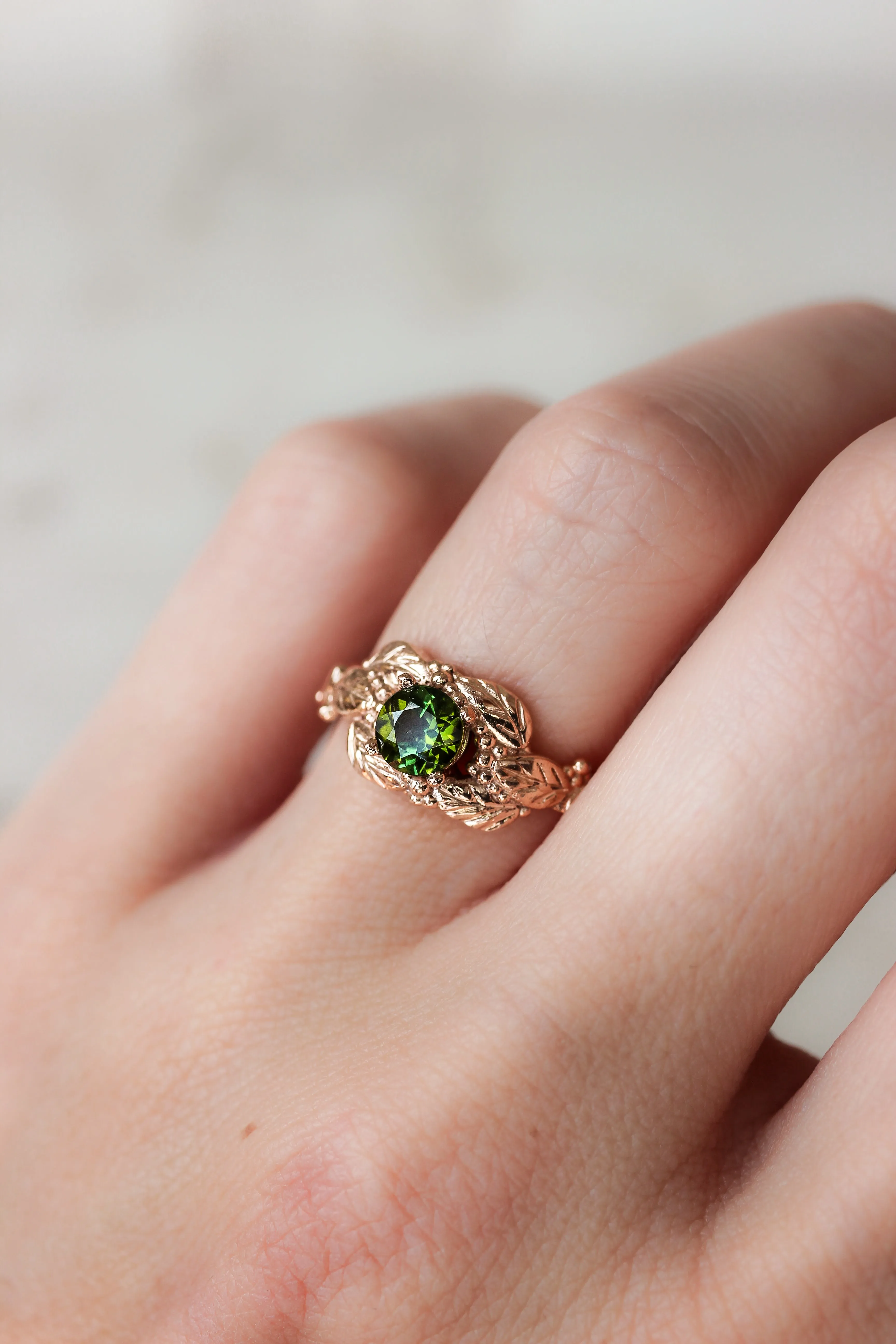 Green tourmaline engagement ring, leaves and grains ring