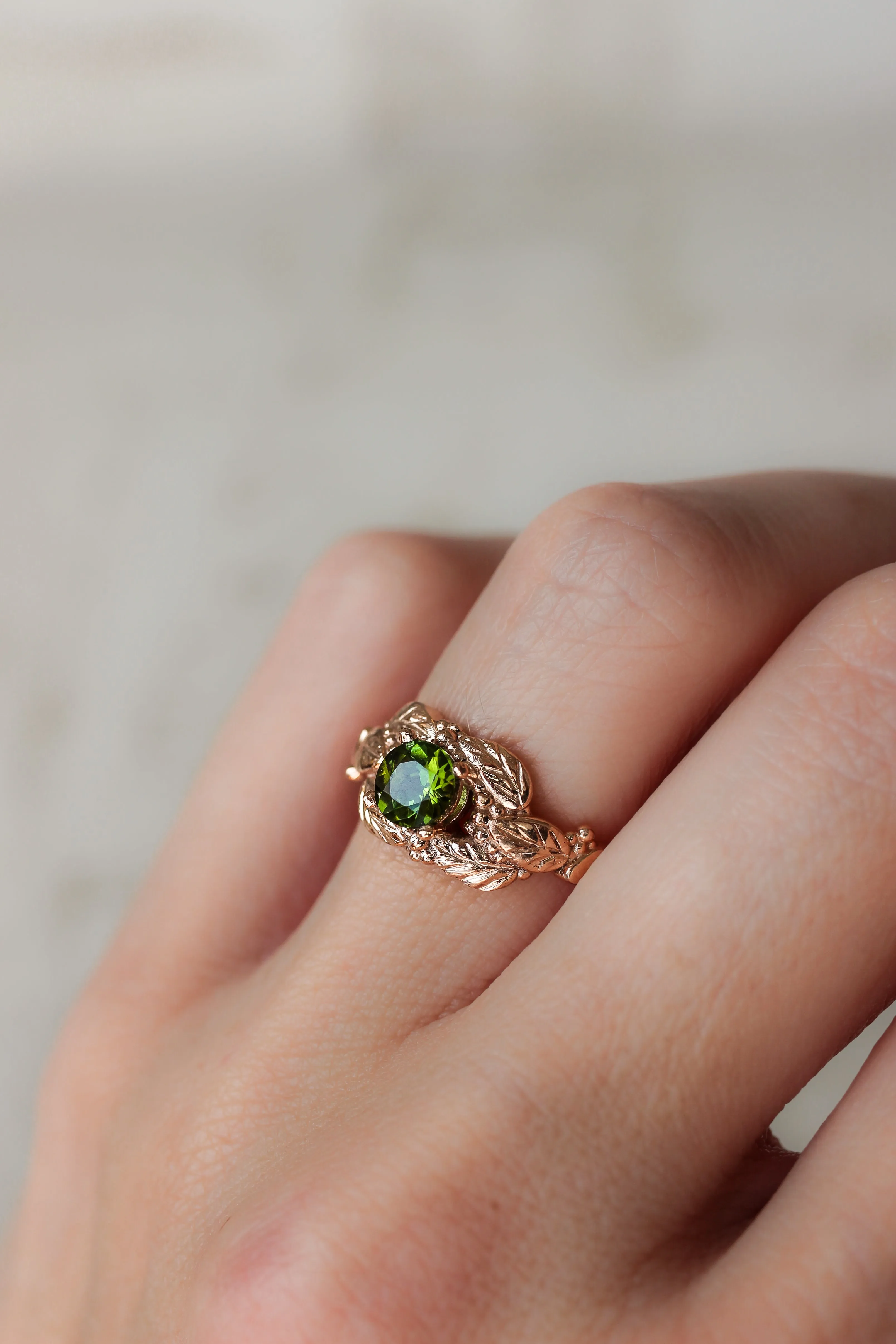 Green tourmaline engagement ring, leaves and grains ring