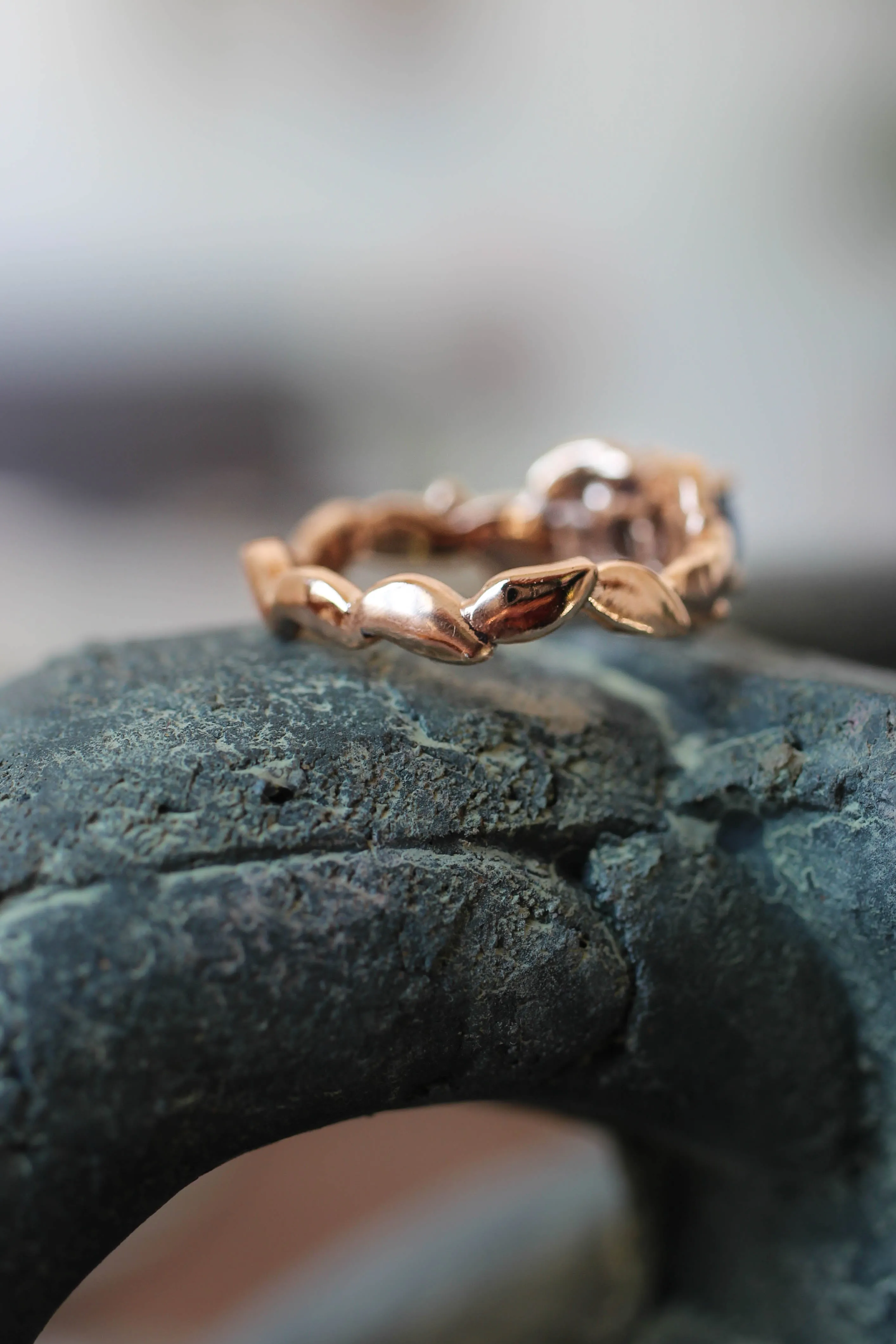 Green tourmaline engagement ring, leaves and grains ring