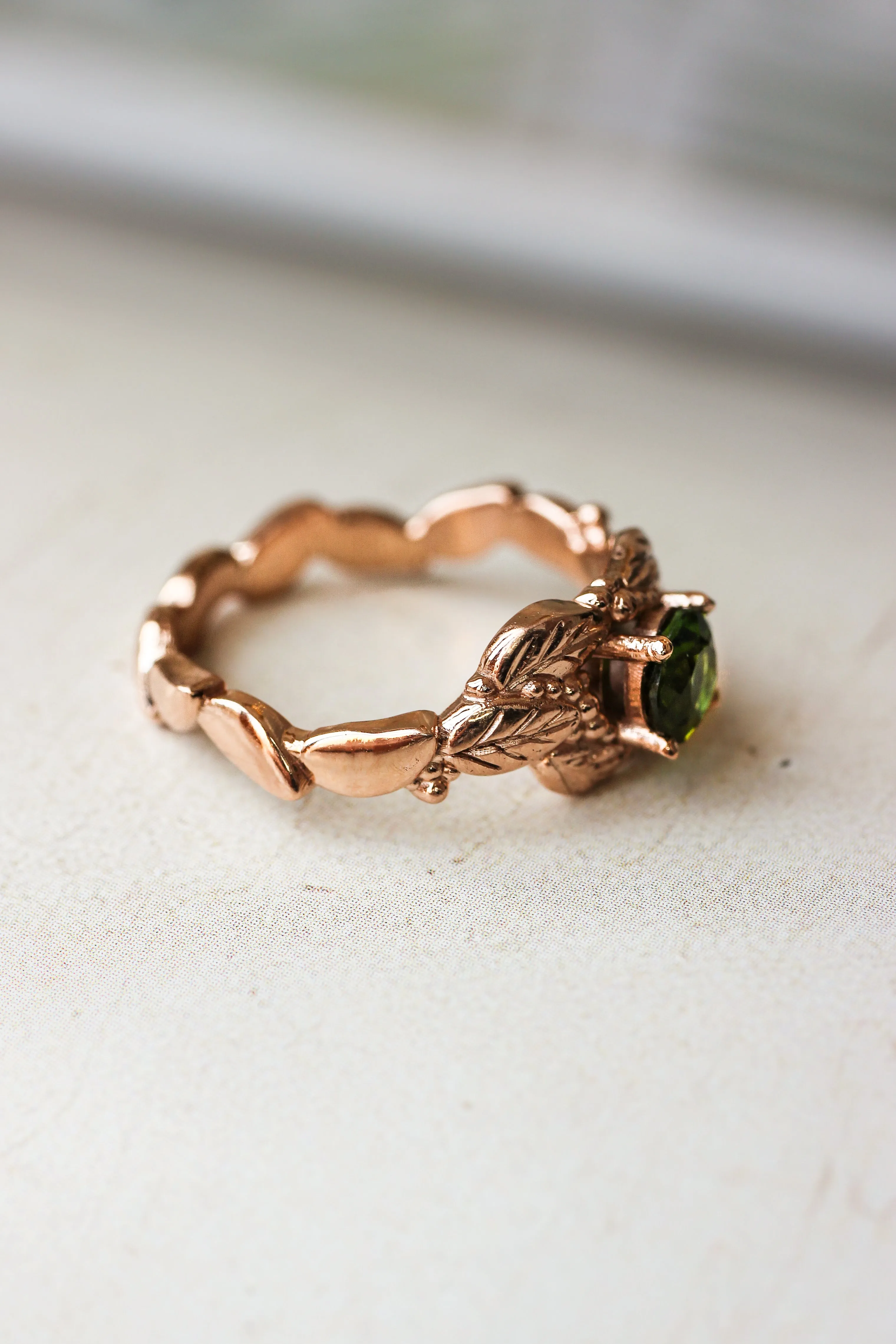 Green tourmaline engagement ring, leaves and grains ring