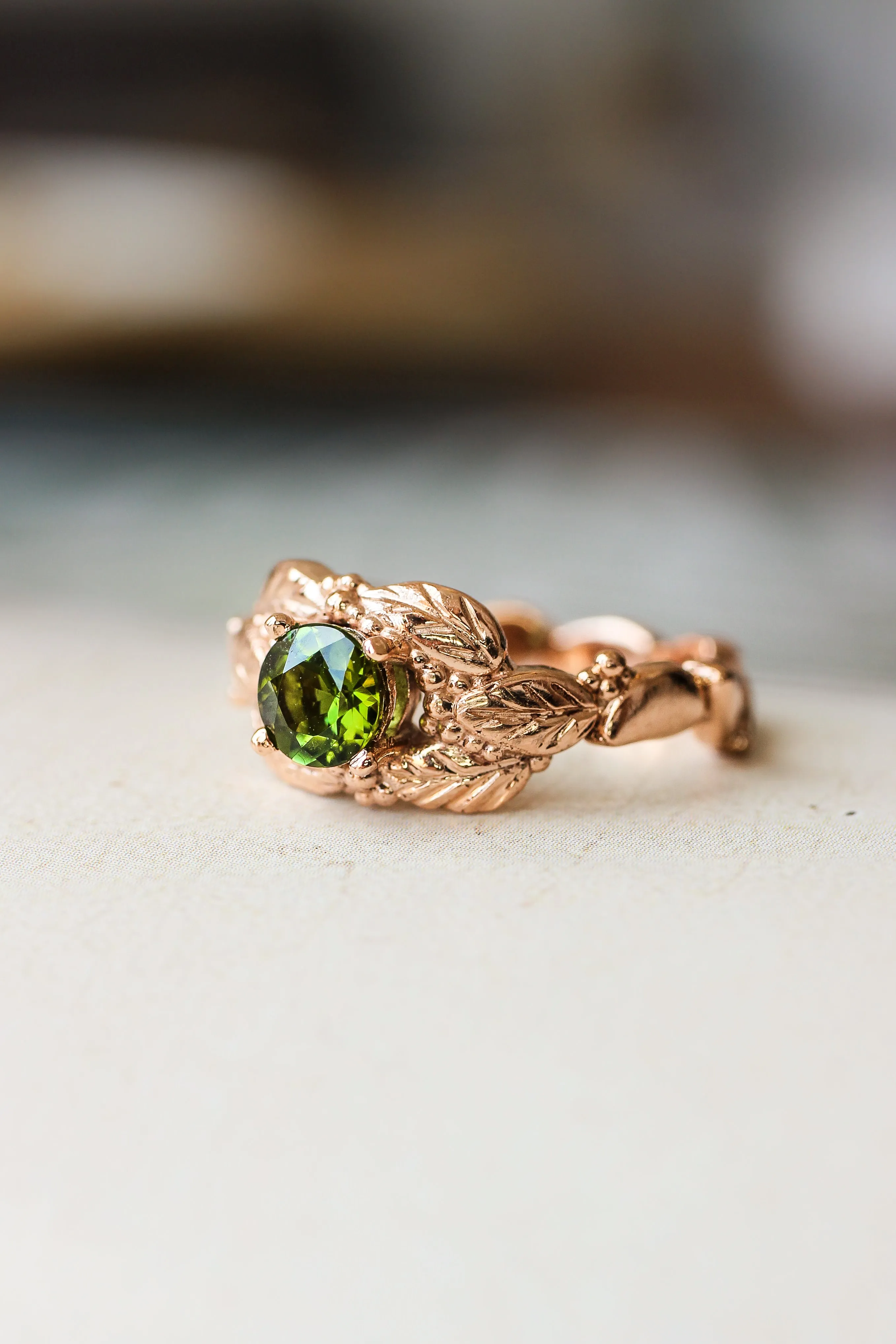 Green tourmaline engagement ring, leaves and grains ring