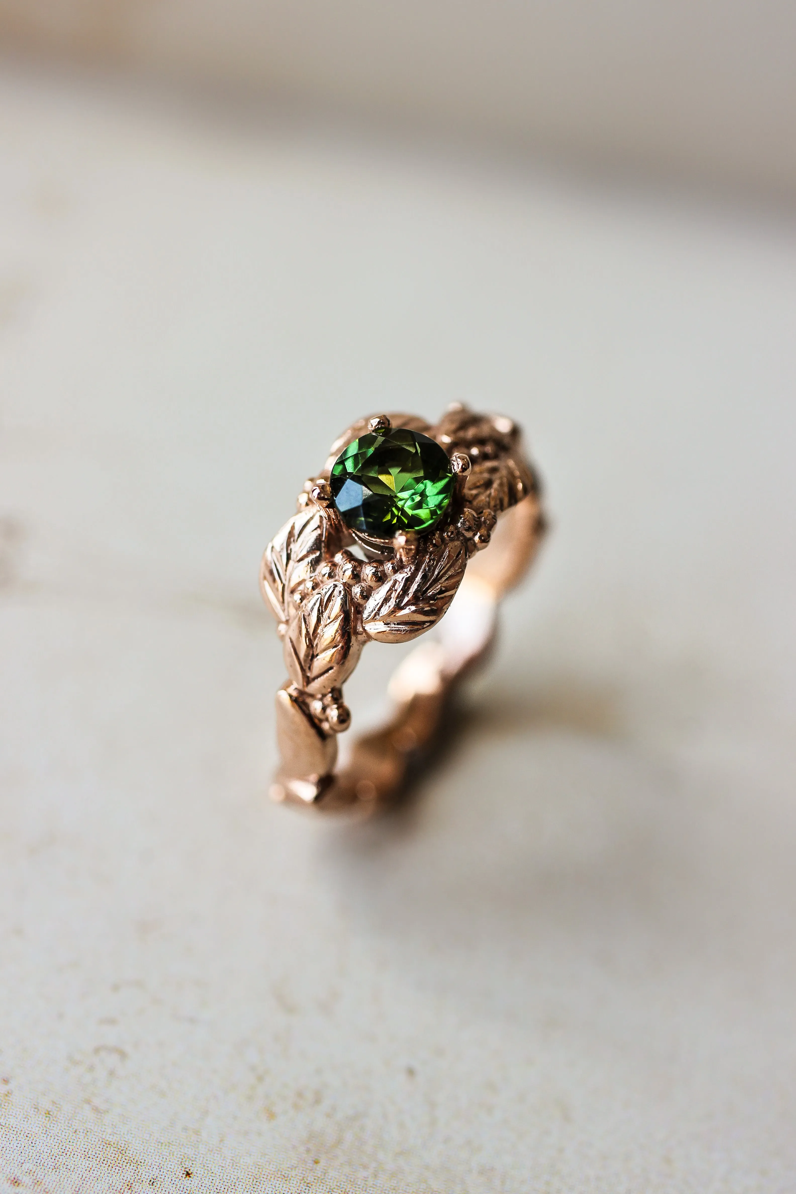 Green tourmaline engagement ring, leaves and grains ring