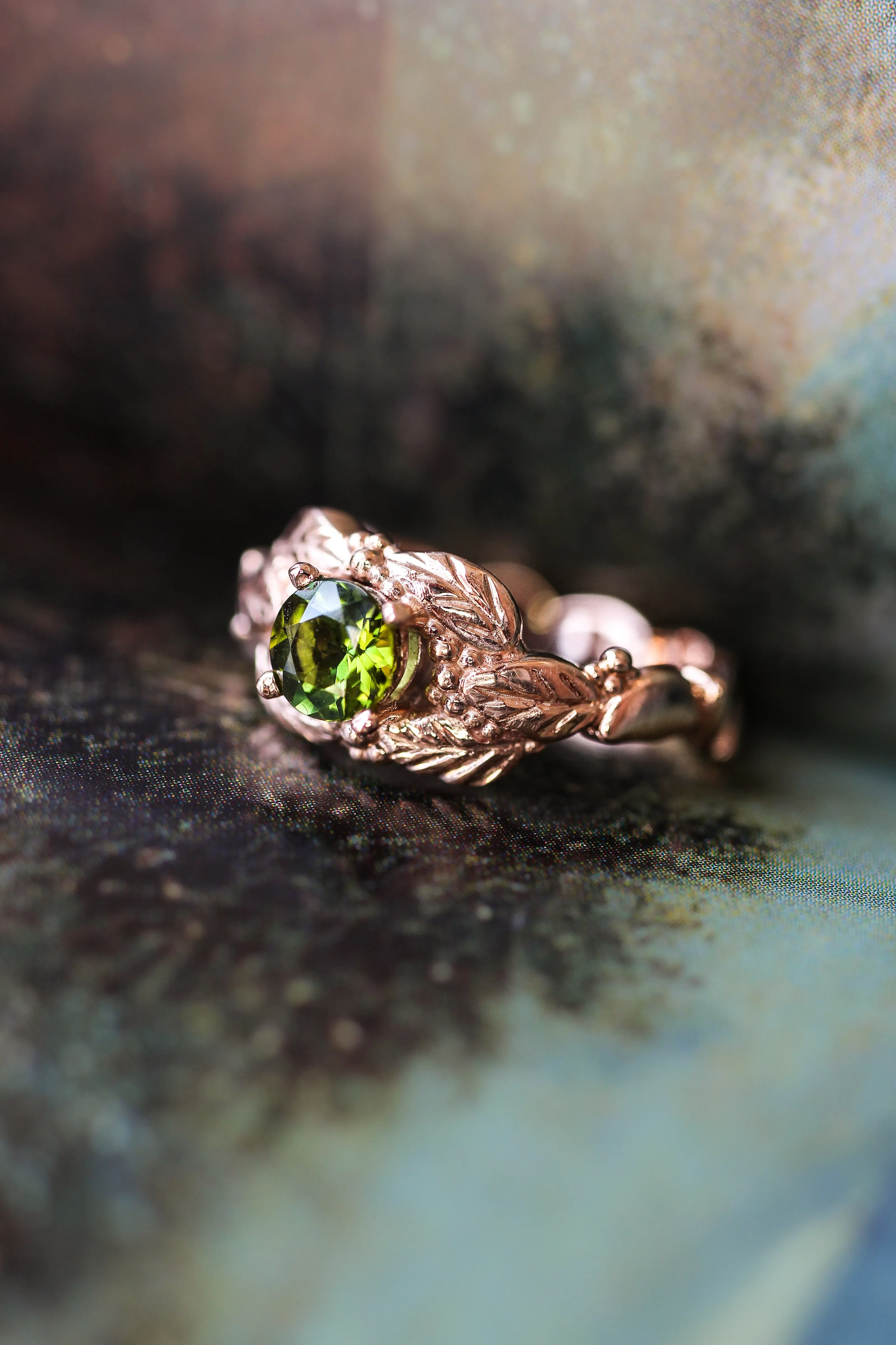 Green tourmaline engagement ring, leaves and grains ring
