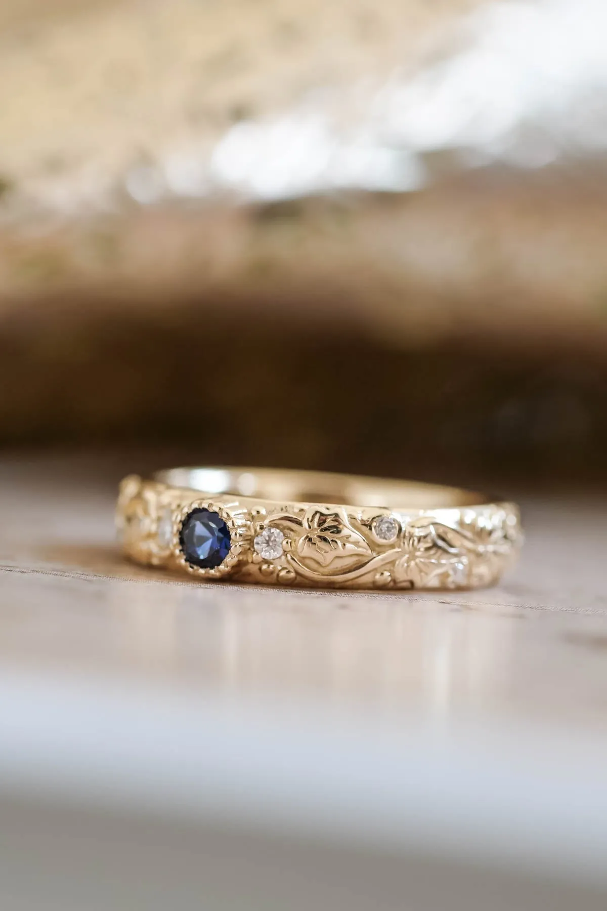 Ivy leaf wedding ring with diamonds, comfort fit ring