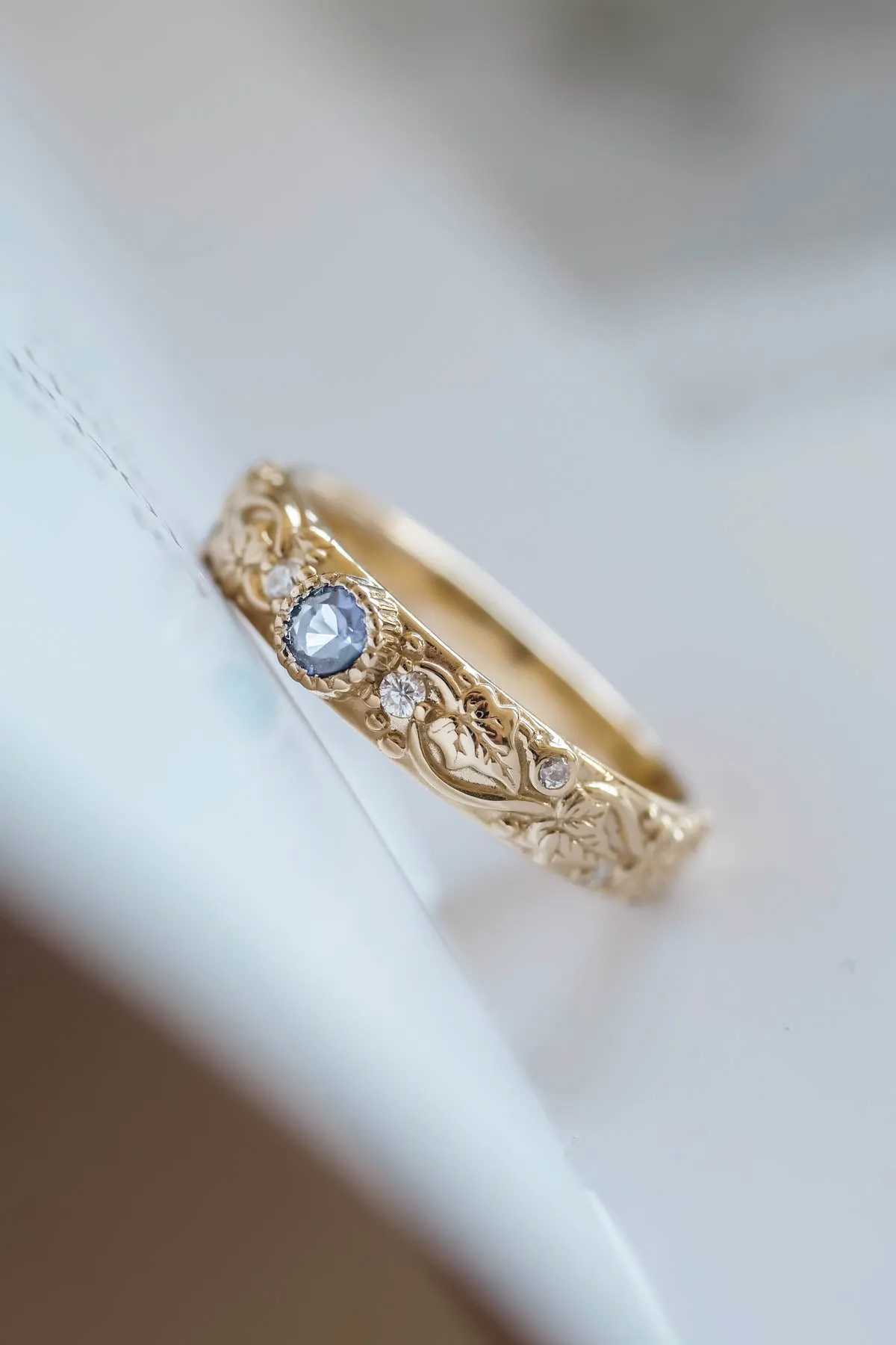 Ivy leaf wedding ring with diamonds, comfort fit ring