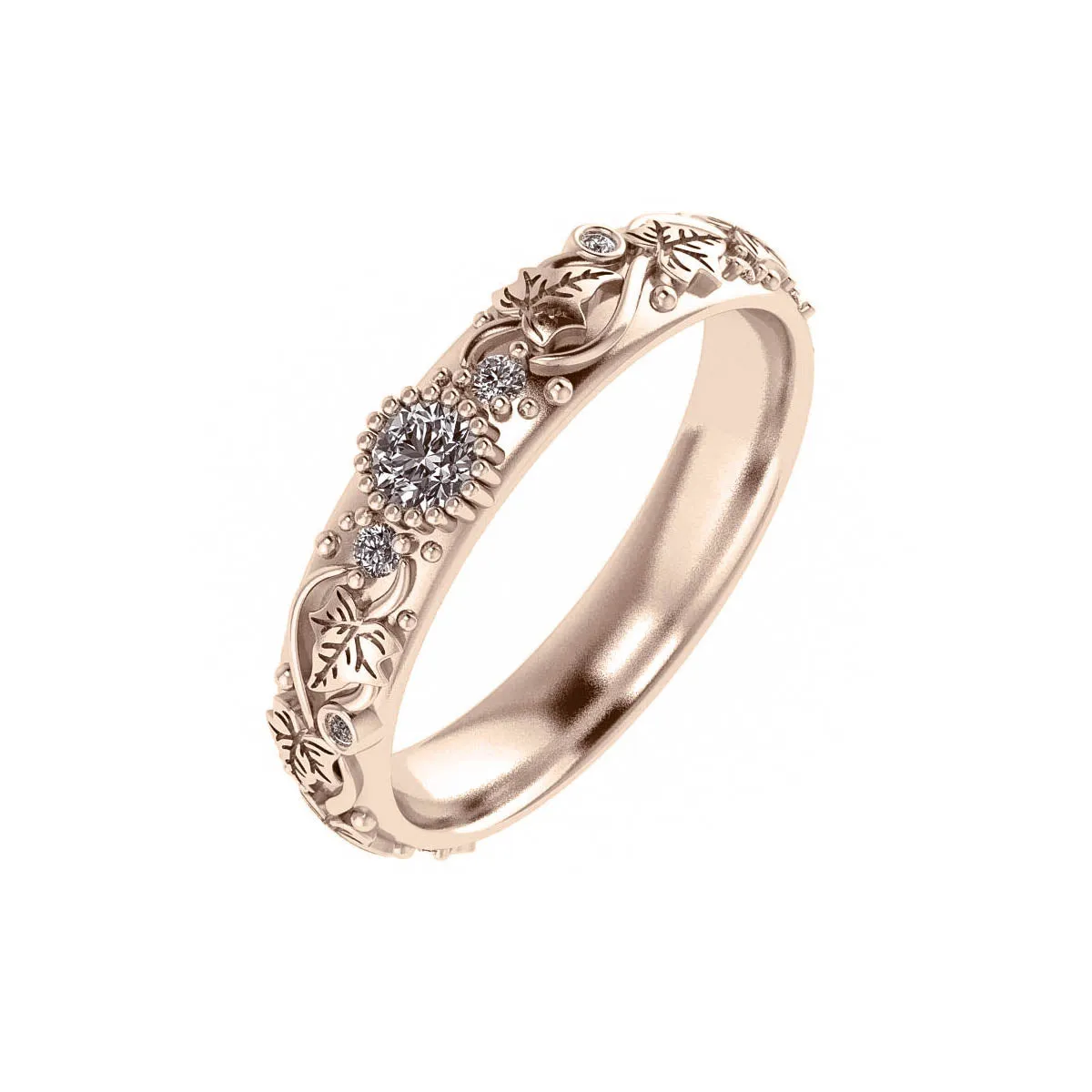Ivy leaf wedding ring with diamonds, comfort fit ring