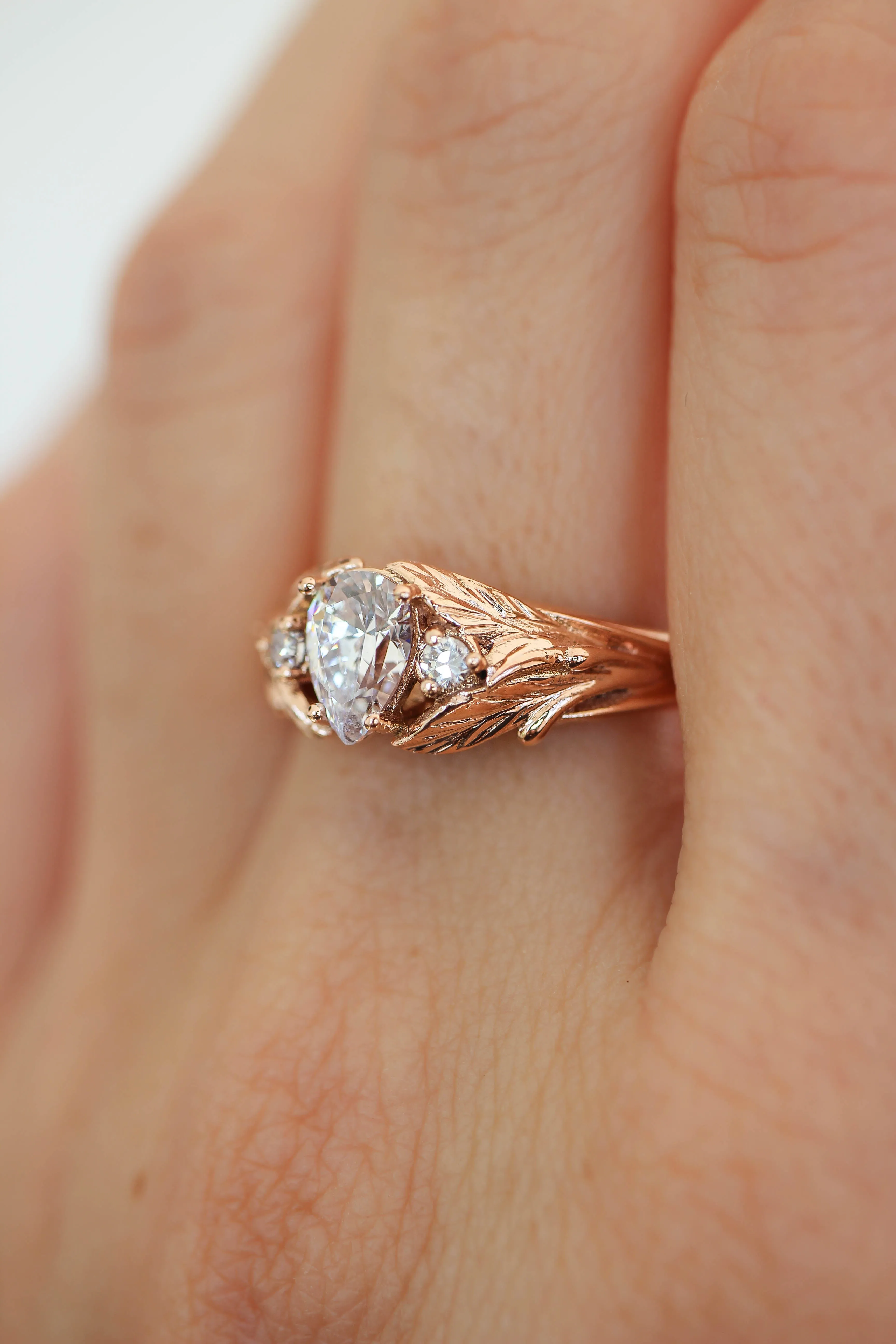 Pear cut moissanite engagement ring, leaf style band / Wisteria