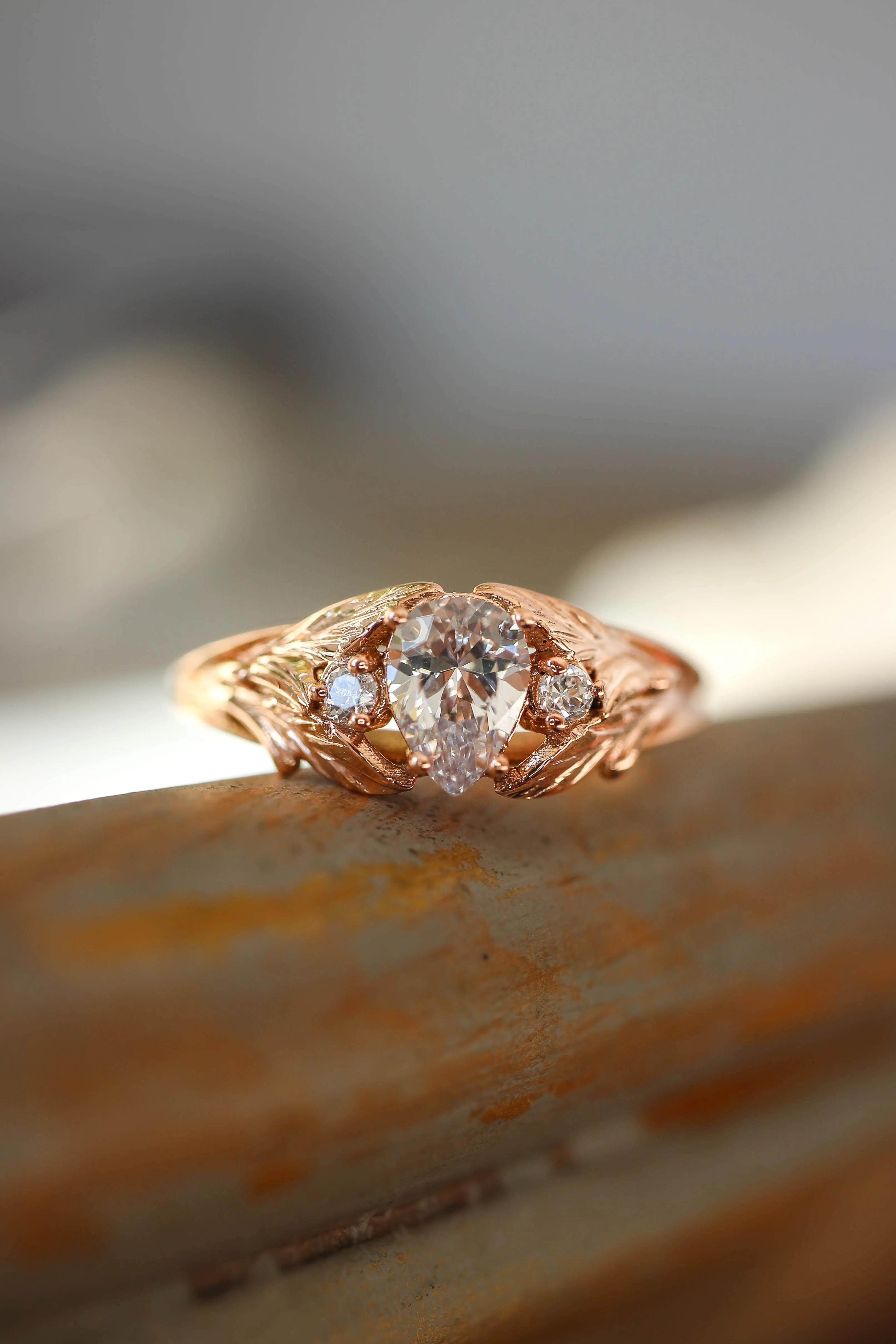 Pear cut moissanite engagement ring, leaf style band / Wisteria