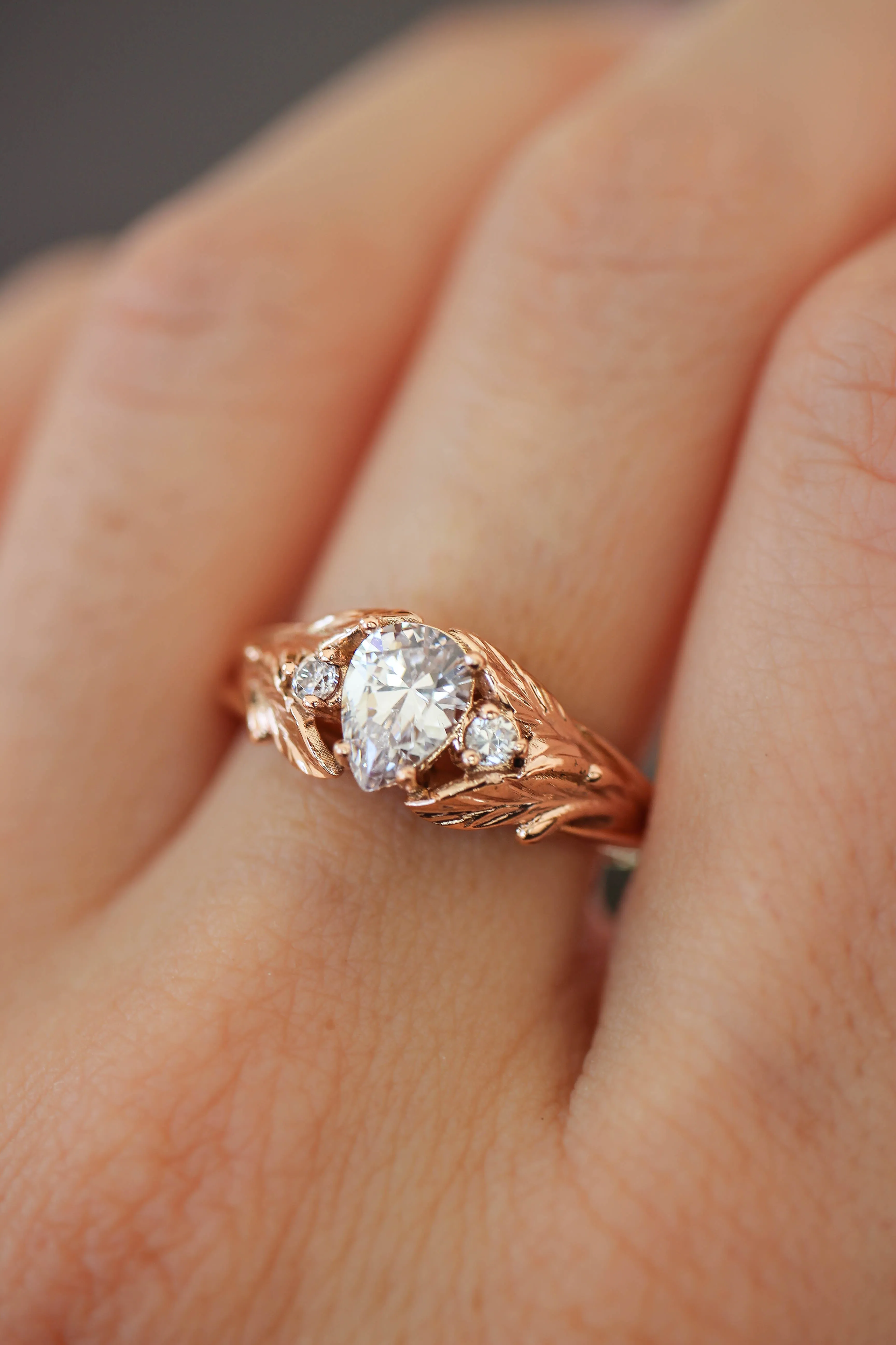 Pear cut moissanite engagement ring, leaf style band / Wisteria