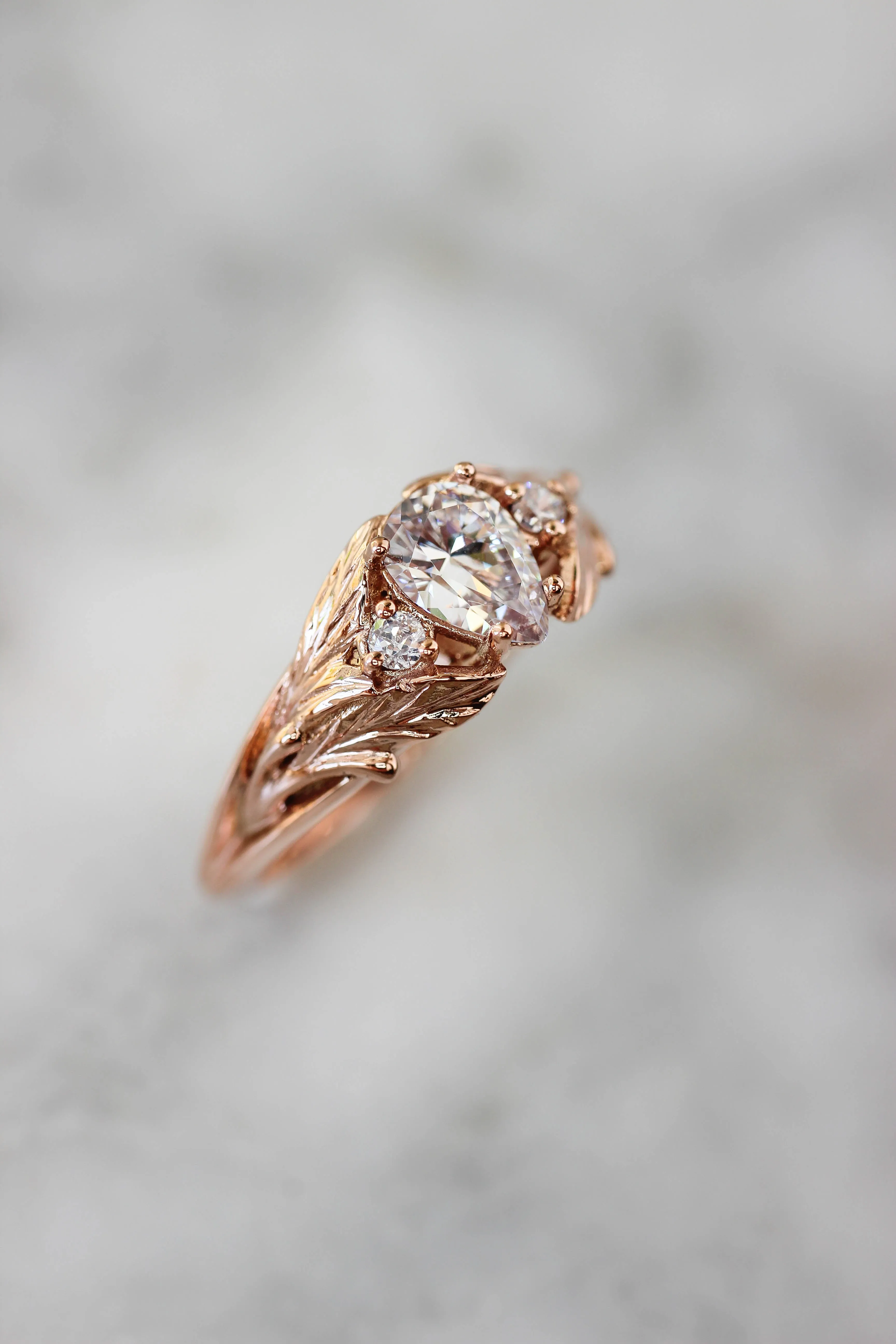 Pear cut moissanite engagement ring, leaf style band / Wisteria