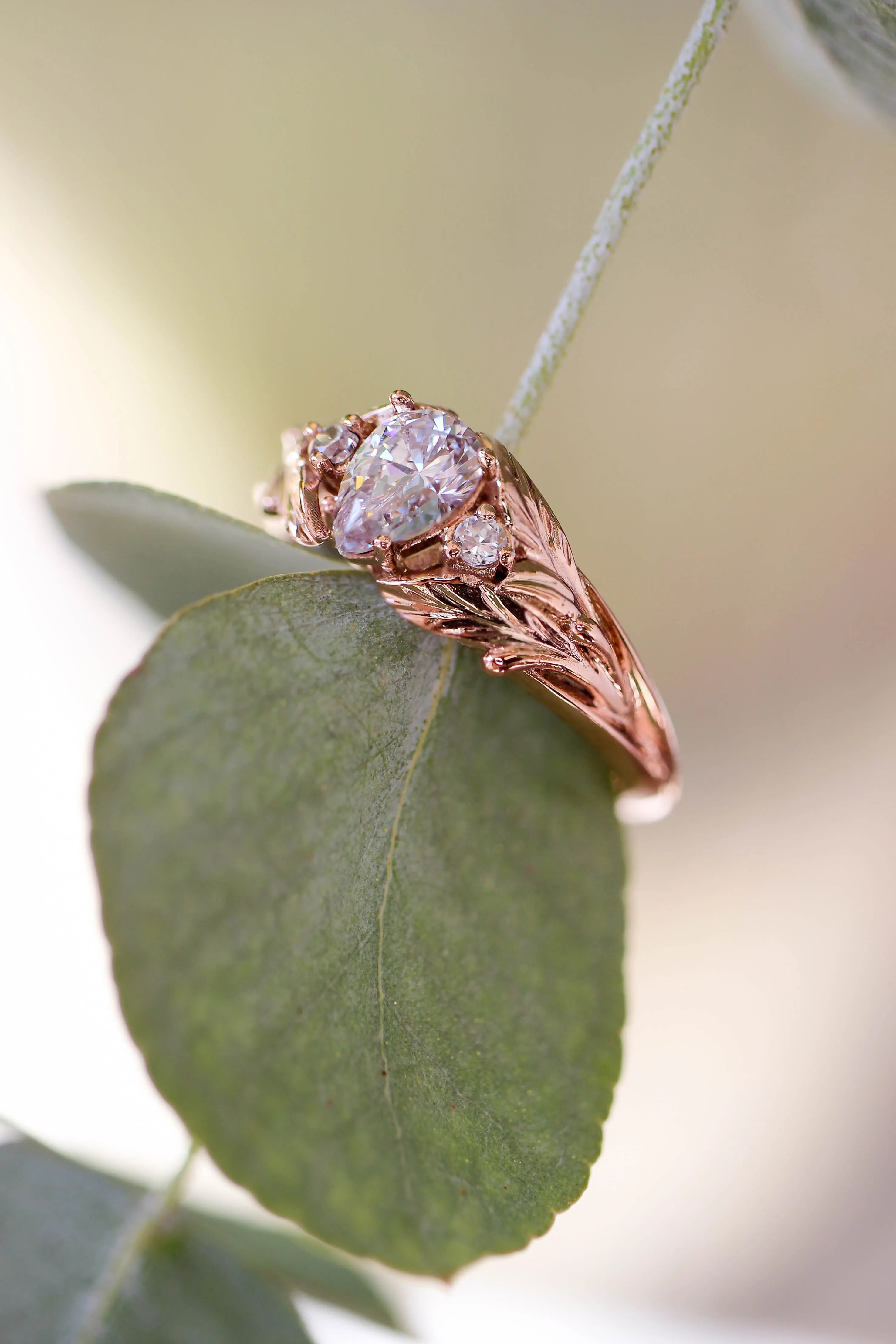 Pear cut moissanite engagement ring, leaf style band / Wisteria